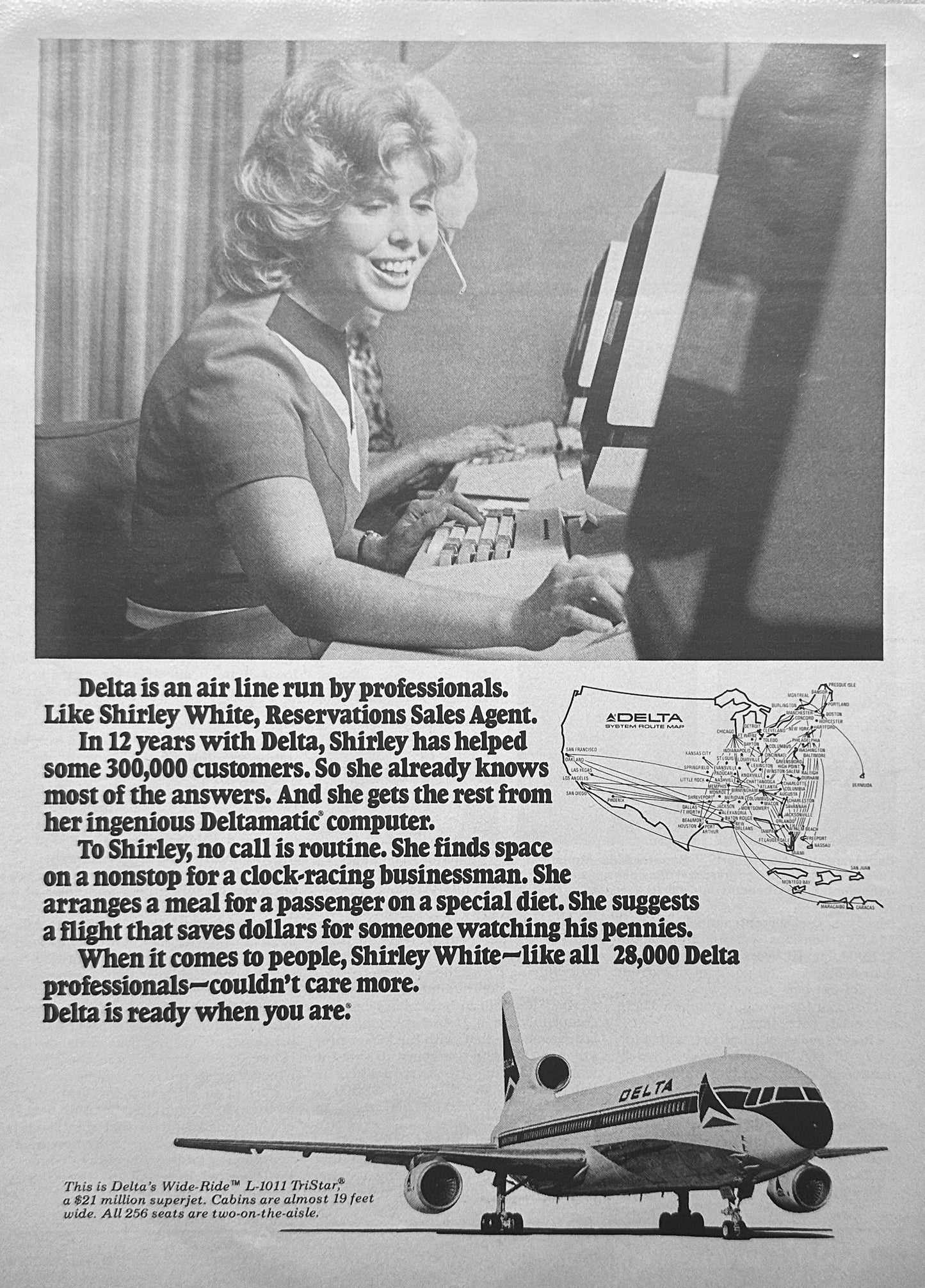 1976 Delta Airlines Shirley White Customer Service Agent Magazine Ad