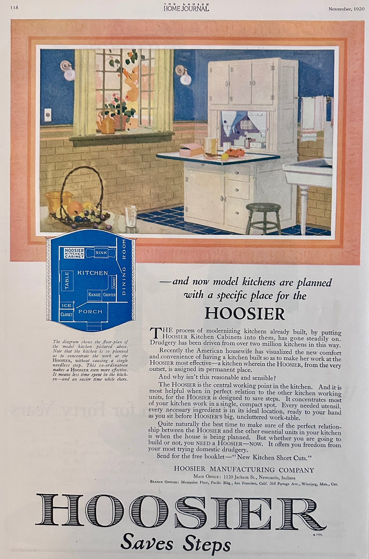 1920 Colorized Hoosier Cabinet - Hoosier Mfg Co New Castle In Ad #2196