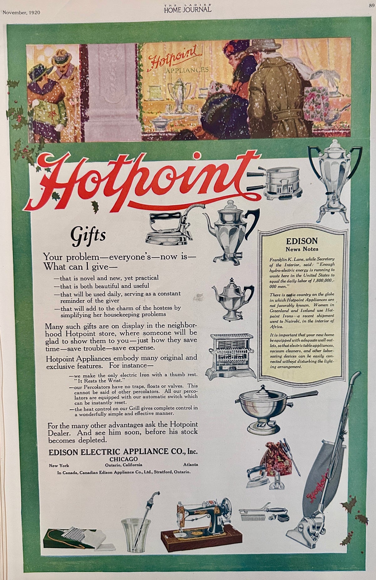 1920 Hotpoint Gifts Beautiful & Useful Serving Ware to Vacuums Ad #2203