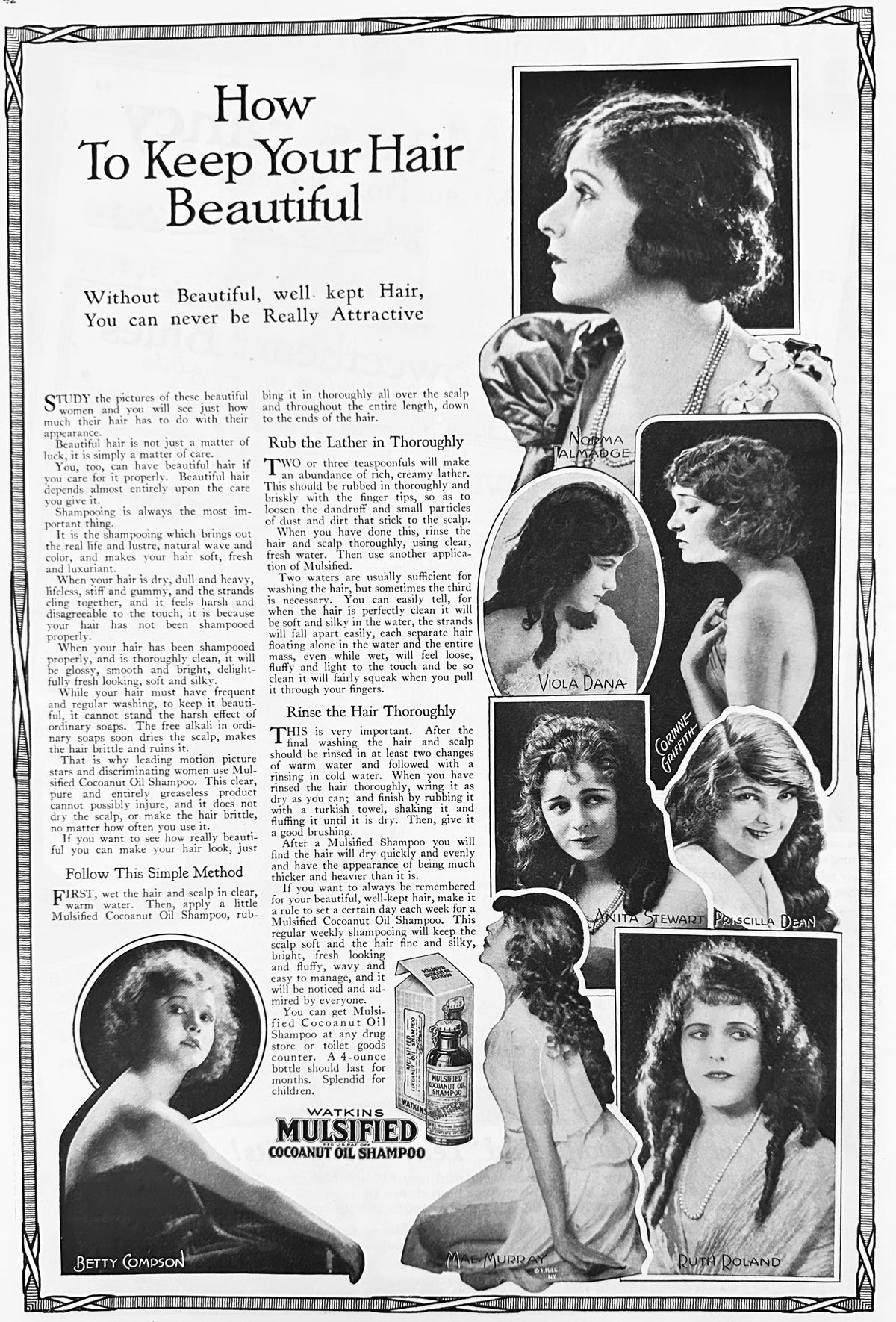 1920 Beautiful Ladies Use Watkins Mulsified Cocoanut Oil Shampoo Ad #2207