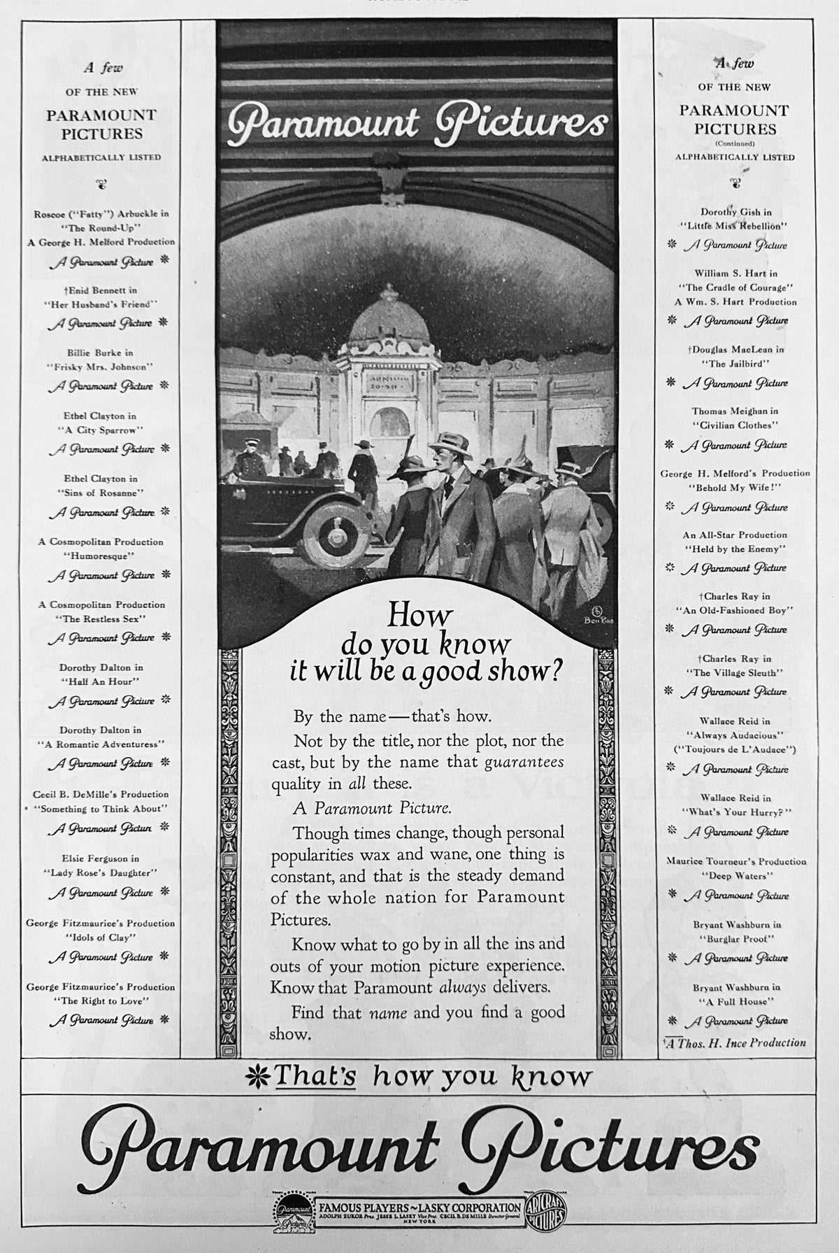 1920 Paramount Pictures - "How do you know it will be a good Show?" Ad #2212