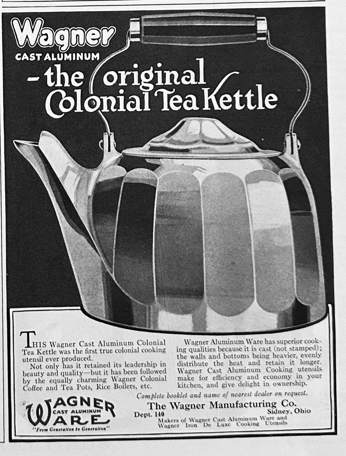 1921 Wagner Aluminum Colonial Tea Kettle AD #2216