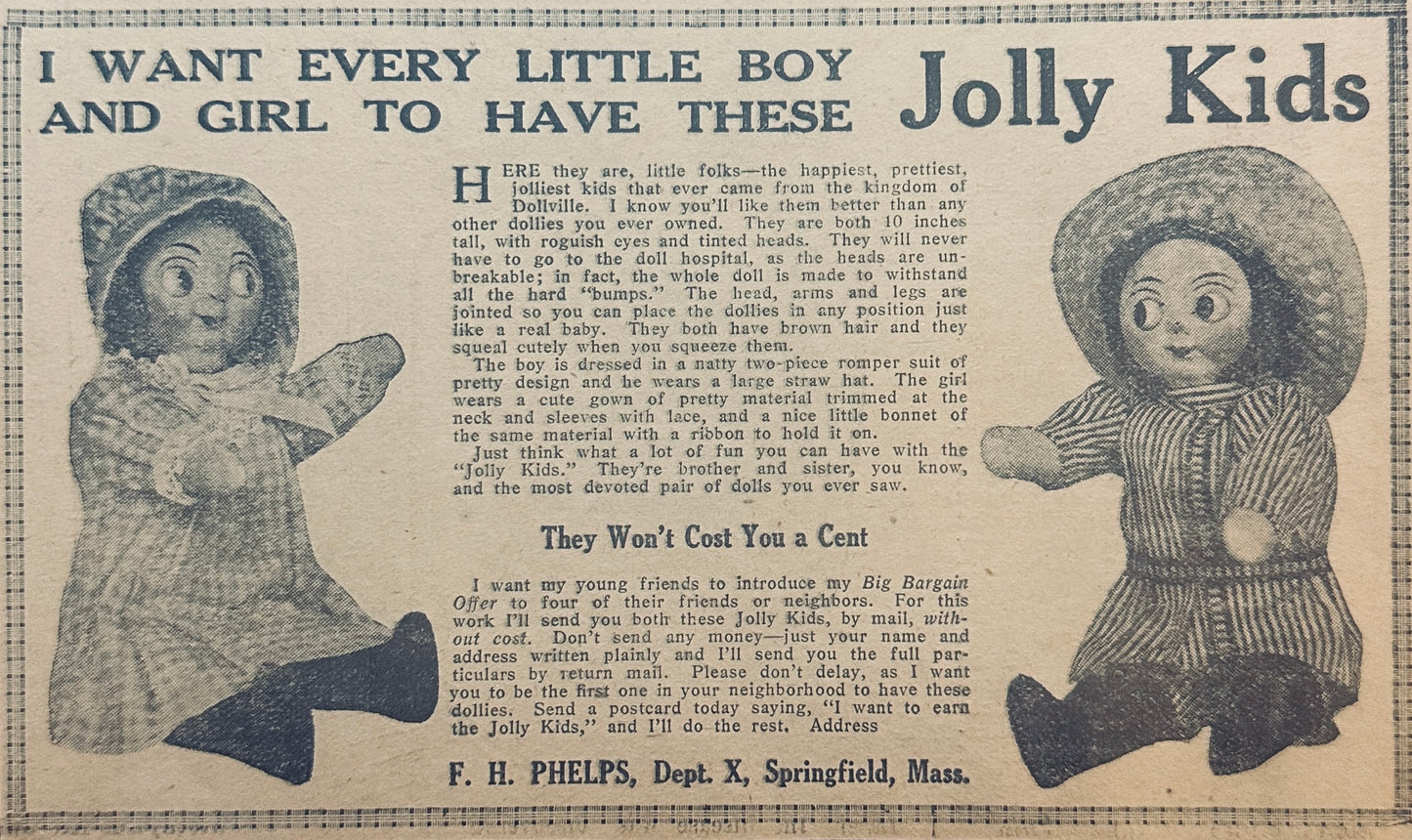 1915 ? Jolly Kids Raggedy Ann & Andy Dolls Promotional Ad