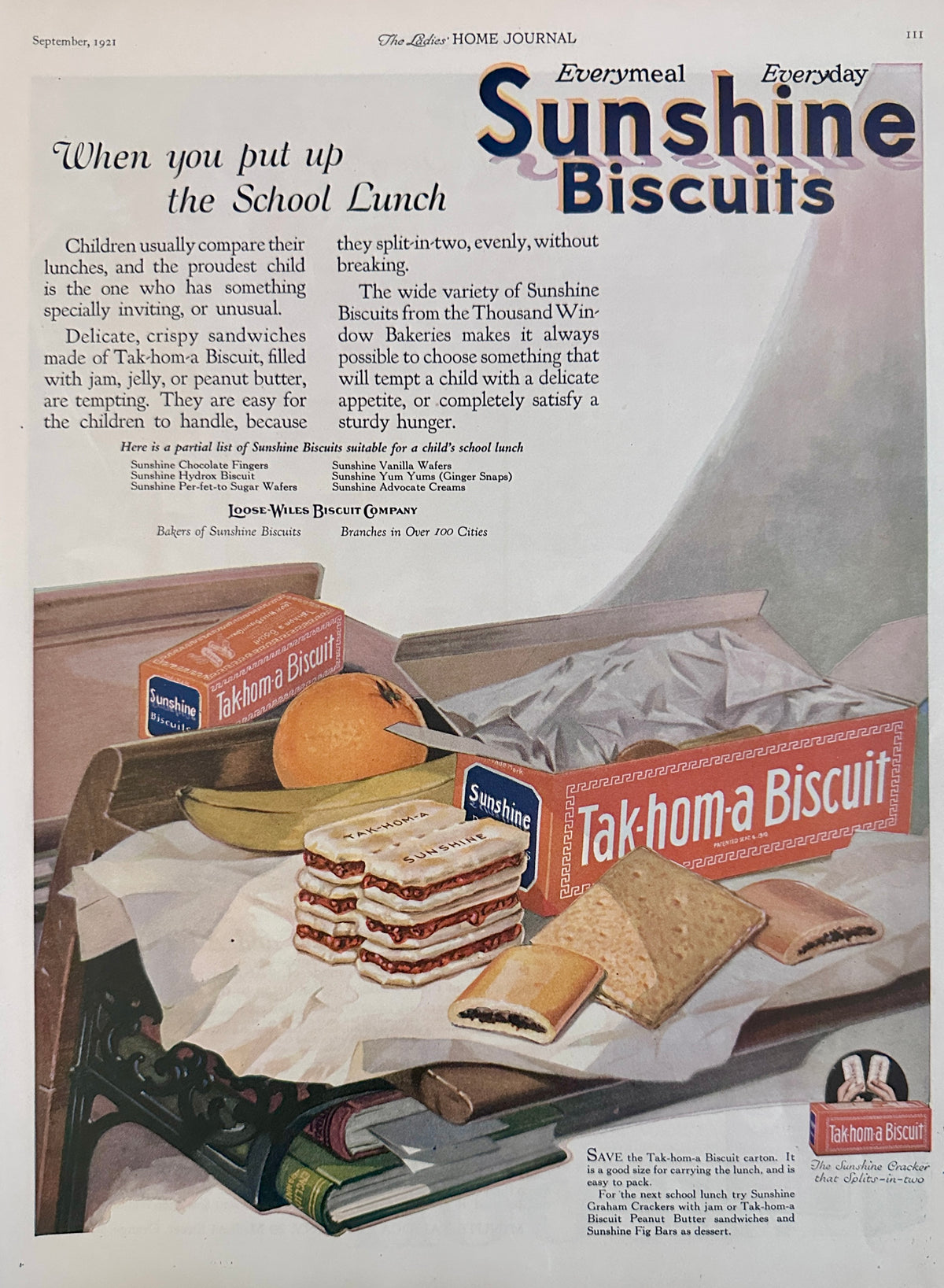1921 Sunshine Biscuits TAK-HOM-A Biscuit Ad #2219 Loose-Wiles Biscuit Co