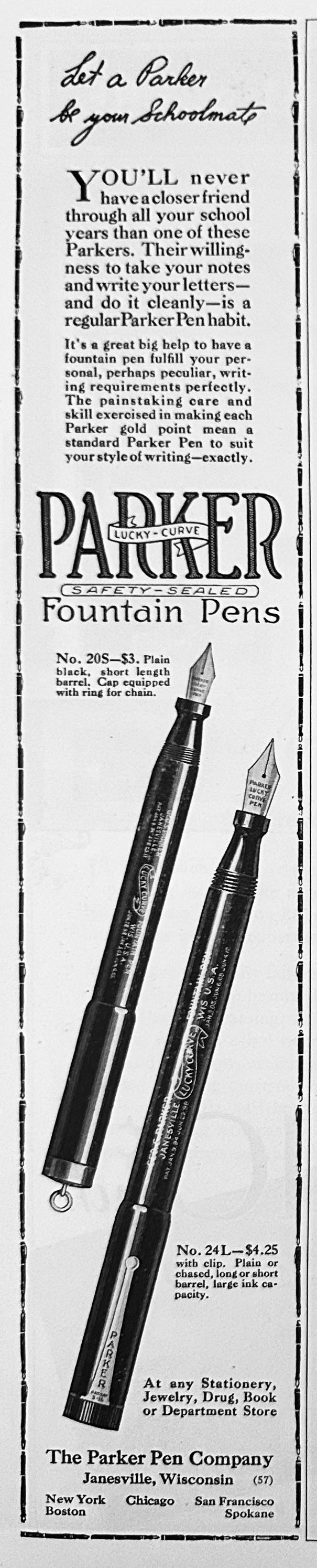 1921 Parker Patent Clip Fountain Pen - Holds at Pocket Level Ad #2223