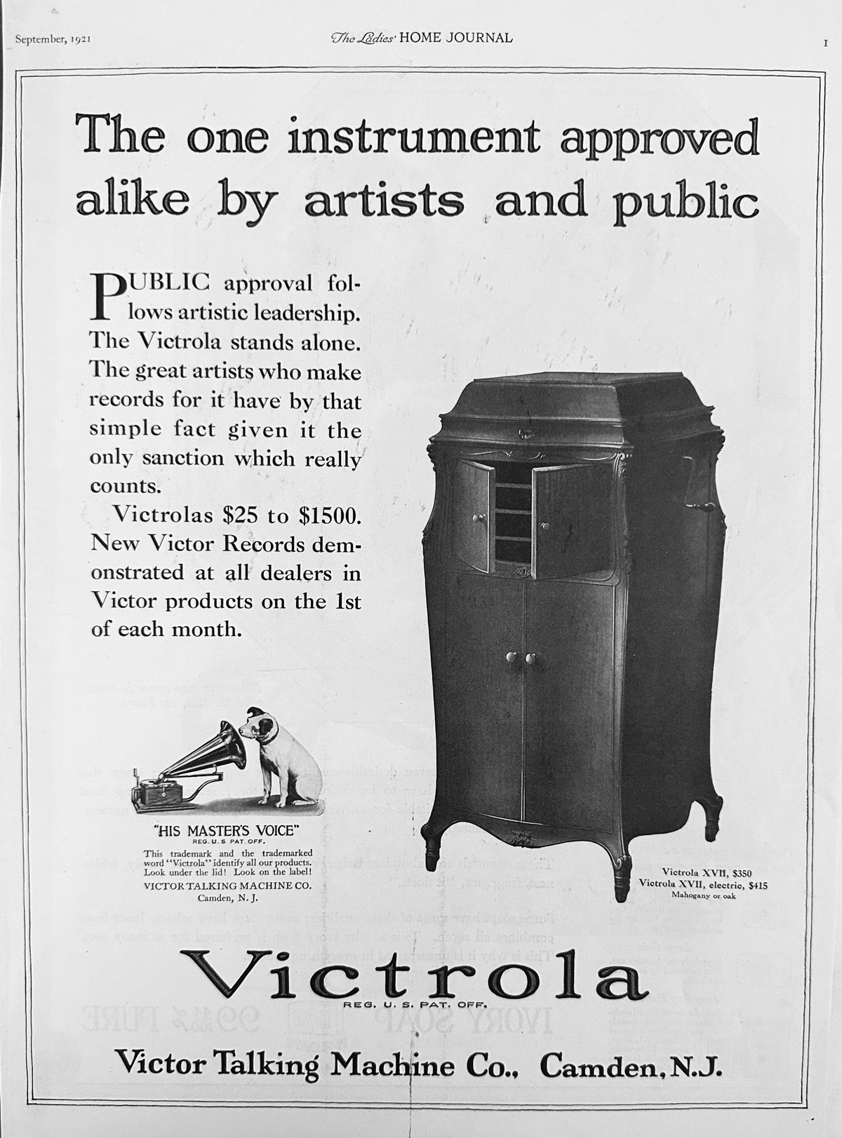 1921 Victrola - Victor Talking Machine Co Model XVII Ad # 2227