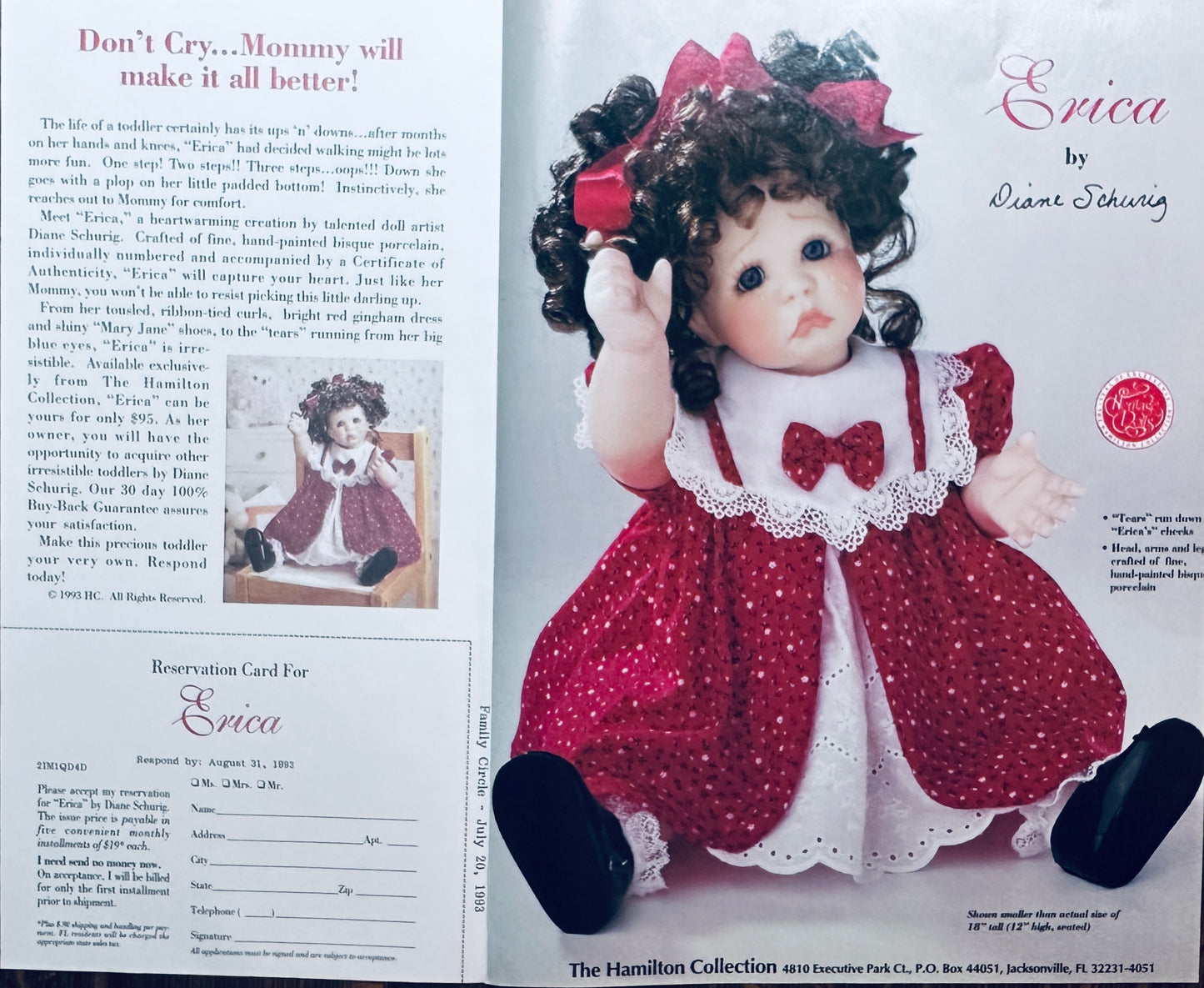 1993 Hamilton Collection -Erica- Porcelain Doll Promotional Ad