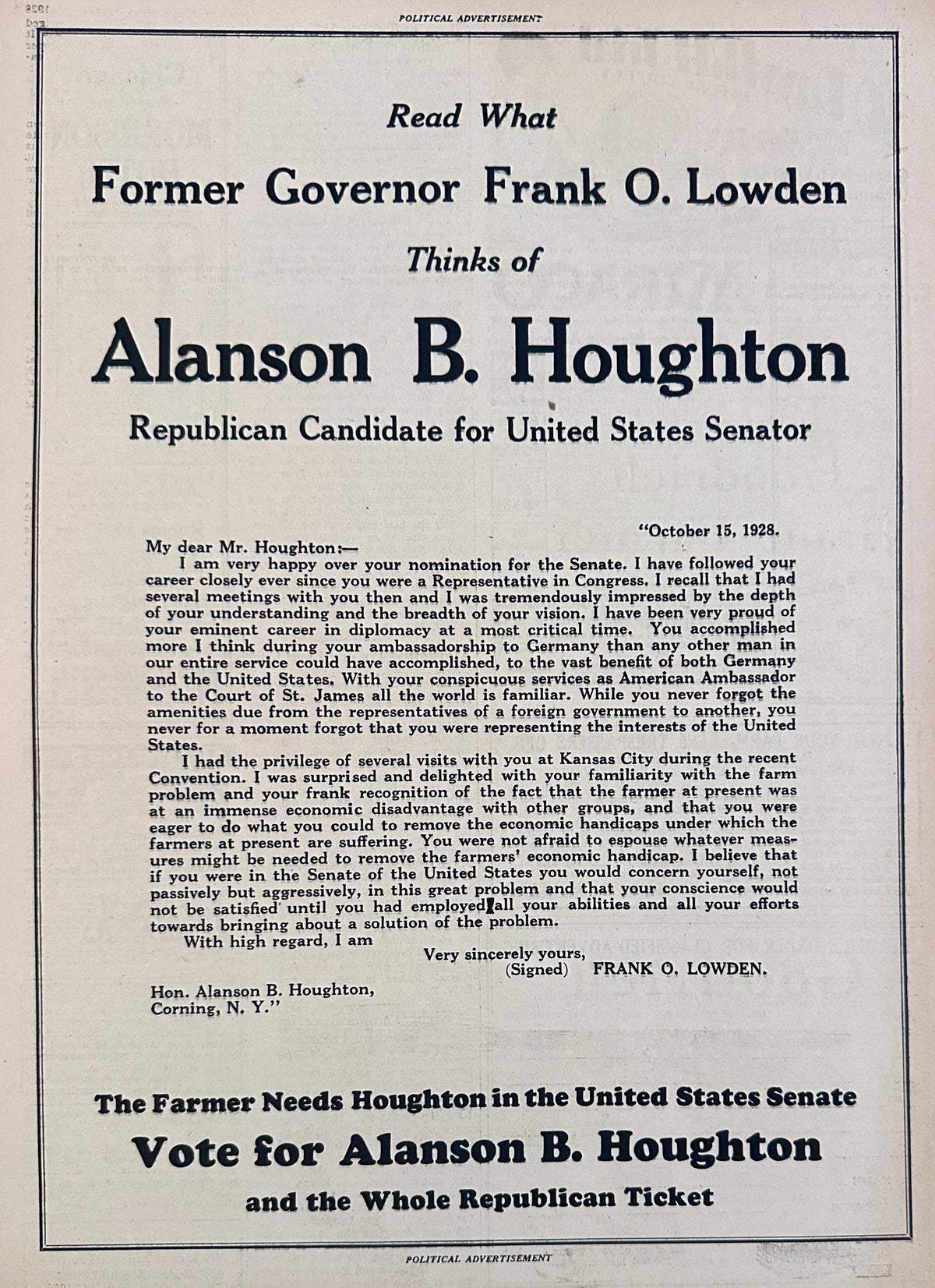1928 Political Ad for Alanson Houghton New York State Senator Ad#2230