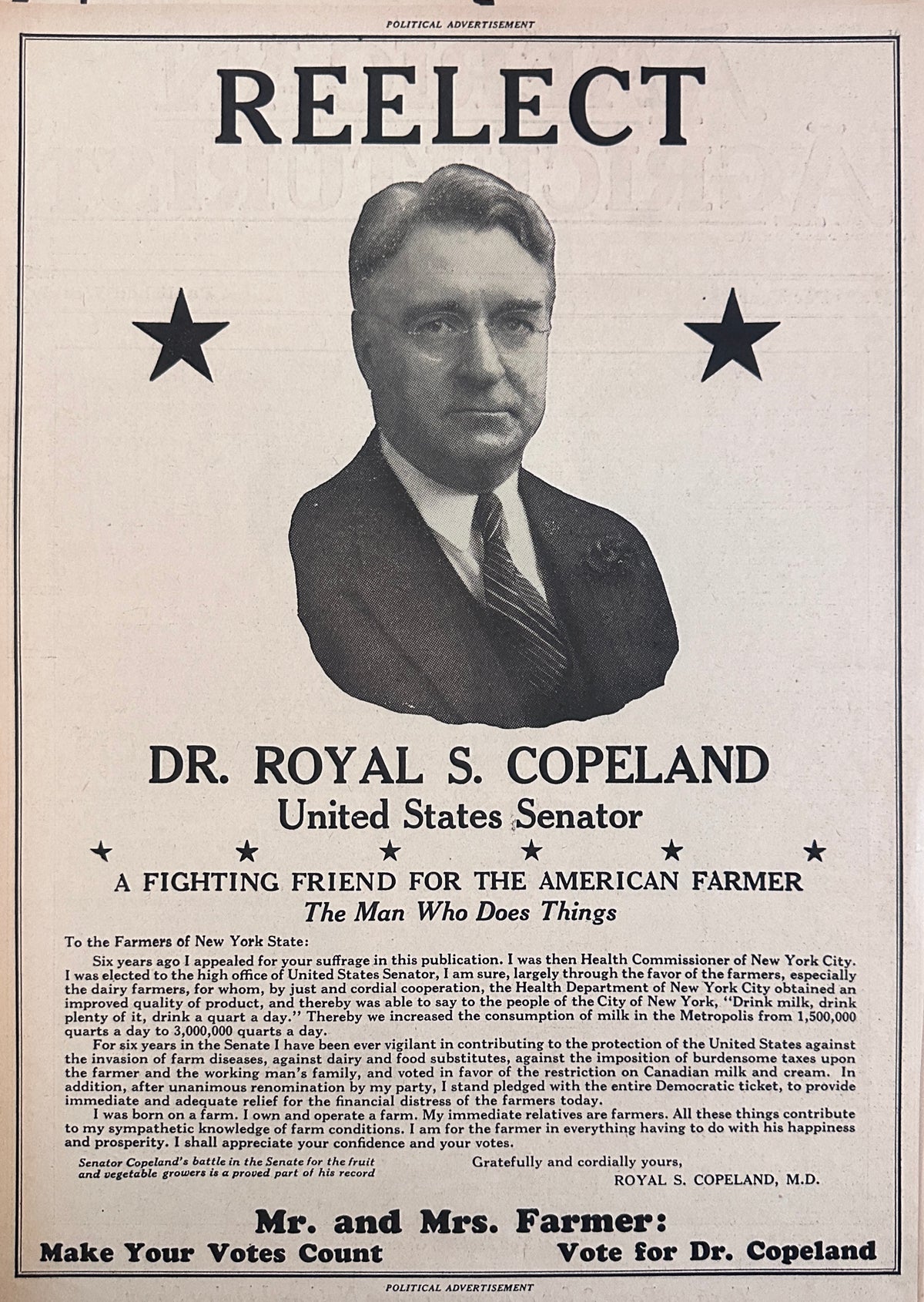 1928 Political Campaign Ad - Dr. Royal S. Copeland NY - US Senator AD #2233