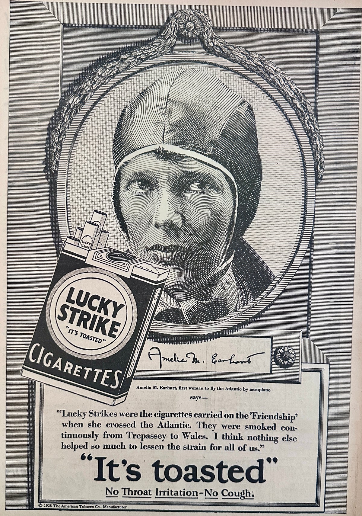 1928 Lucky Strike Cigarettes - Amelia Earhart - 1st Woman to Fly Atlantic Ad #2235