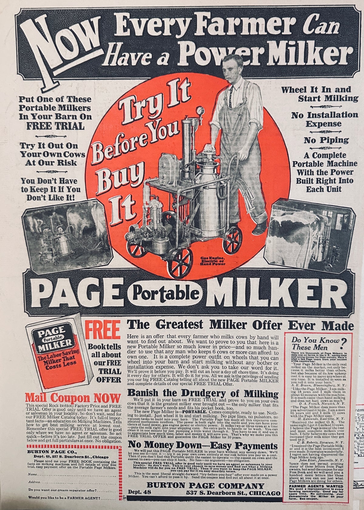 1928 Page Portable Power Milker - Burton Page Co - Chicago Ad #2246