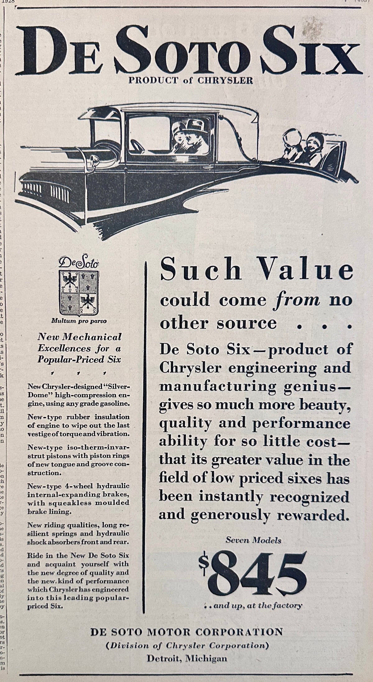 1928 De Soto Six Product of Chrysler Ad #2249