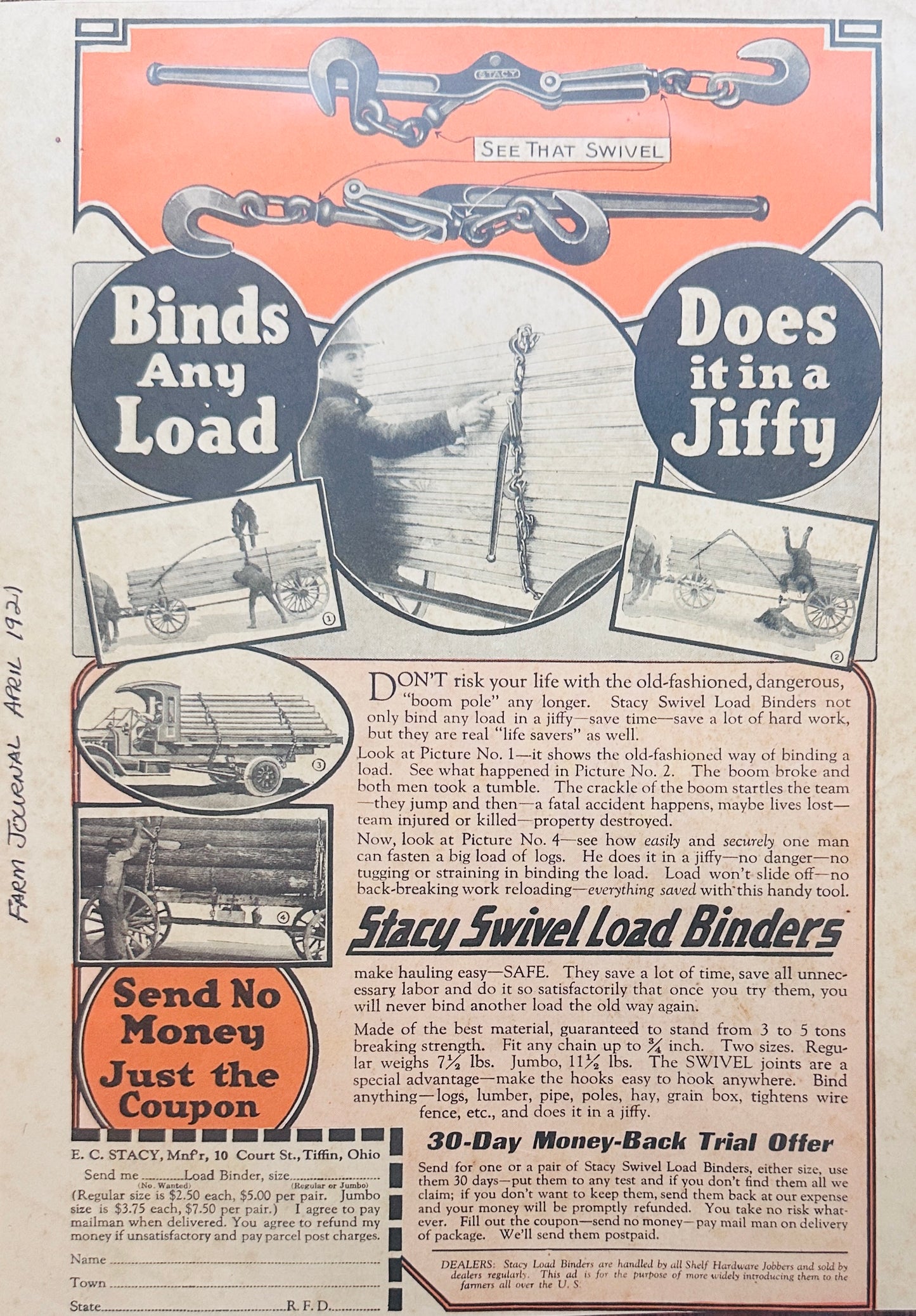 1921 - Elgin Pocket Watch - The Time Ball & Stacey Swivel Load Binders (Farming) Ad