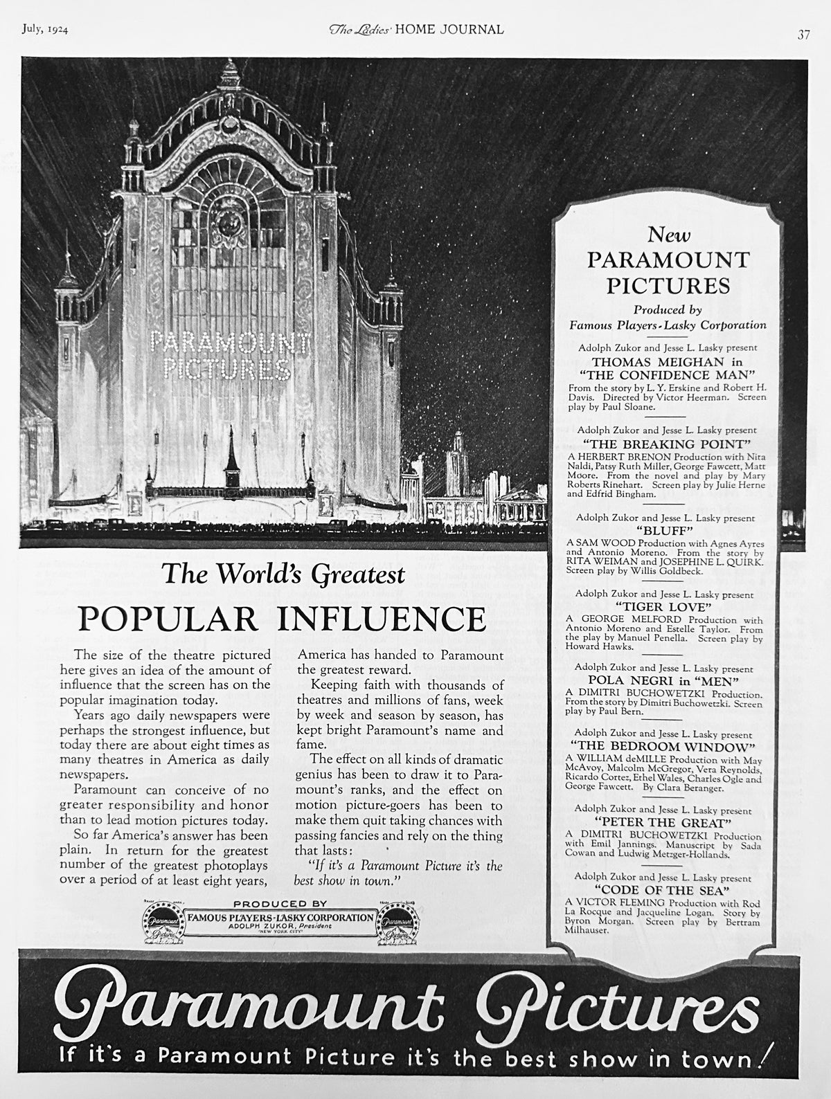 1924 Paramount Pictures - The World's Greatest Popular Influence Ad #2258