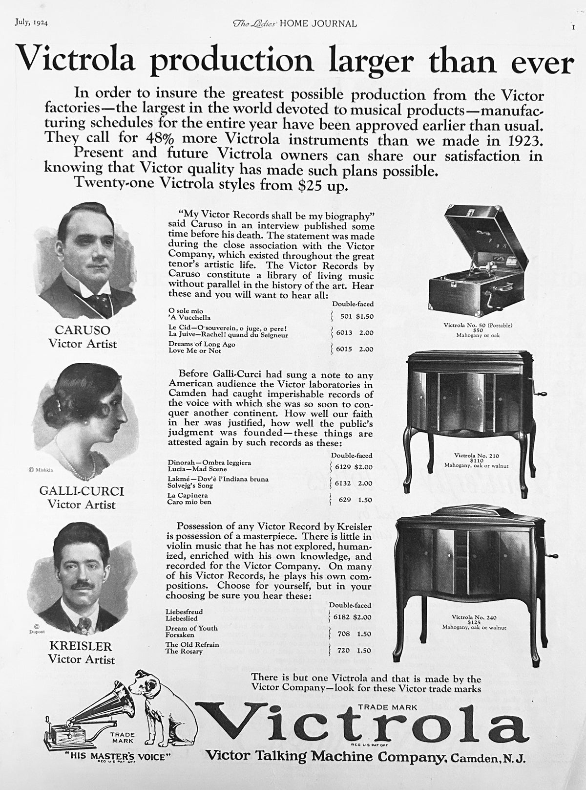 1924 Victrola Production Larger Than Ever + 3 Models & 3 Artists Ad #2260