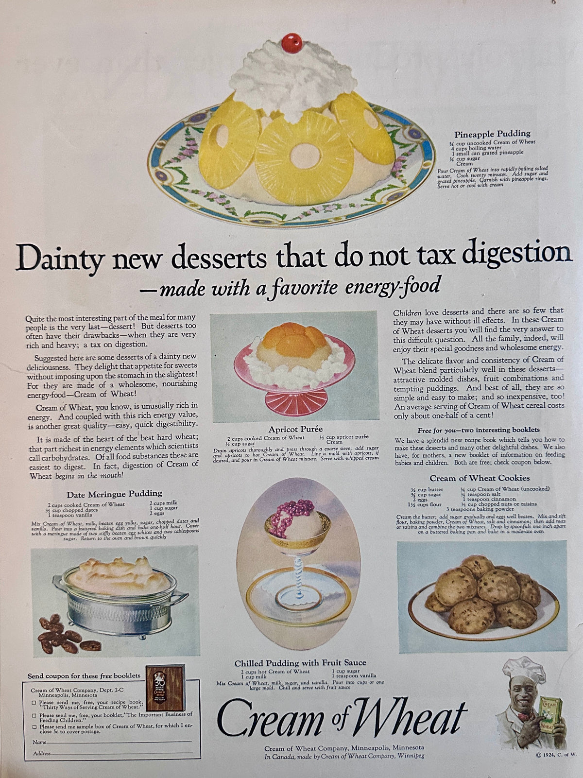 1924 Cream of Wheat - Dainty New Desserts - Ad #2261