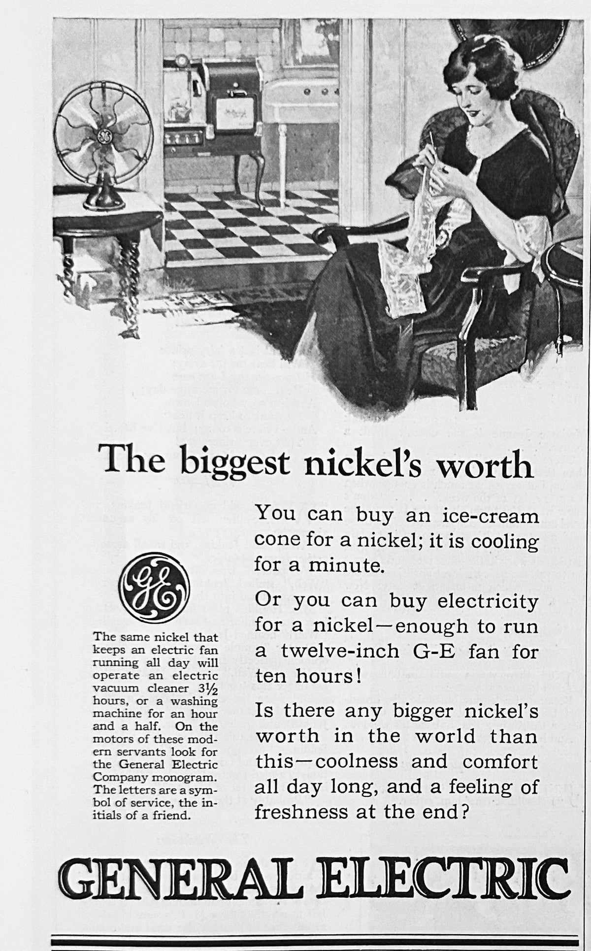 1924 General Electric a Nickel Run's A 12" GE Fan for 10 Hours! Ad #2263