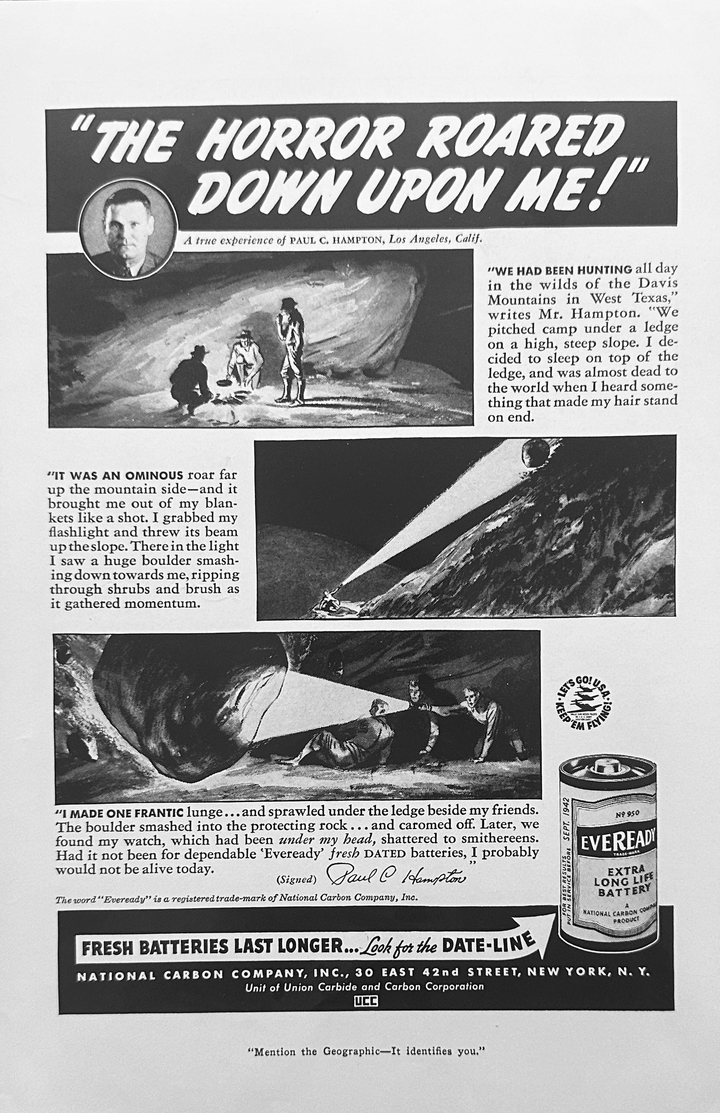 1942 Eveready Battery - Life Saving Light during Rock Slide - Magazine Ad
