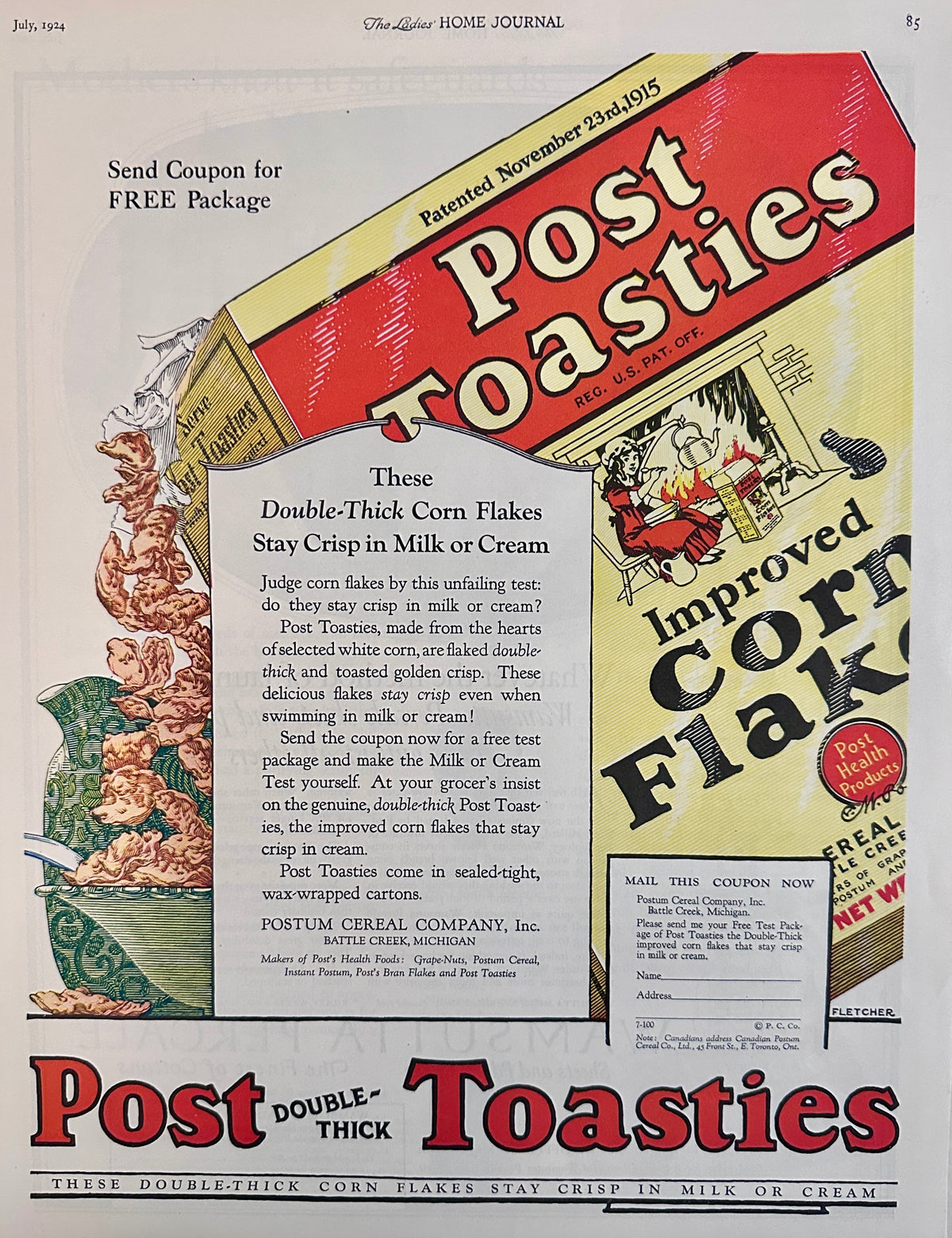 1924 Full page Colorized Ad for Post Toasties Double Thick! Ad #2273