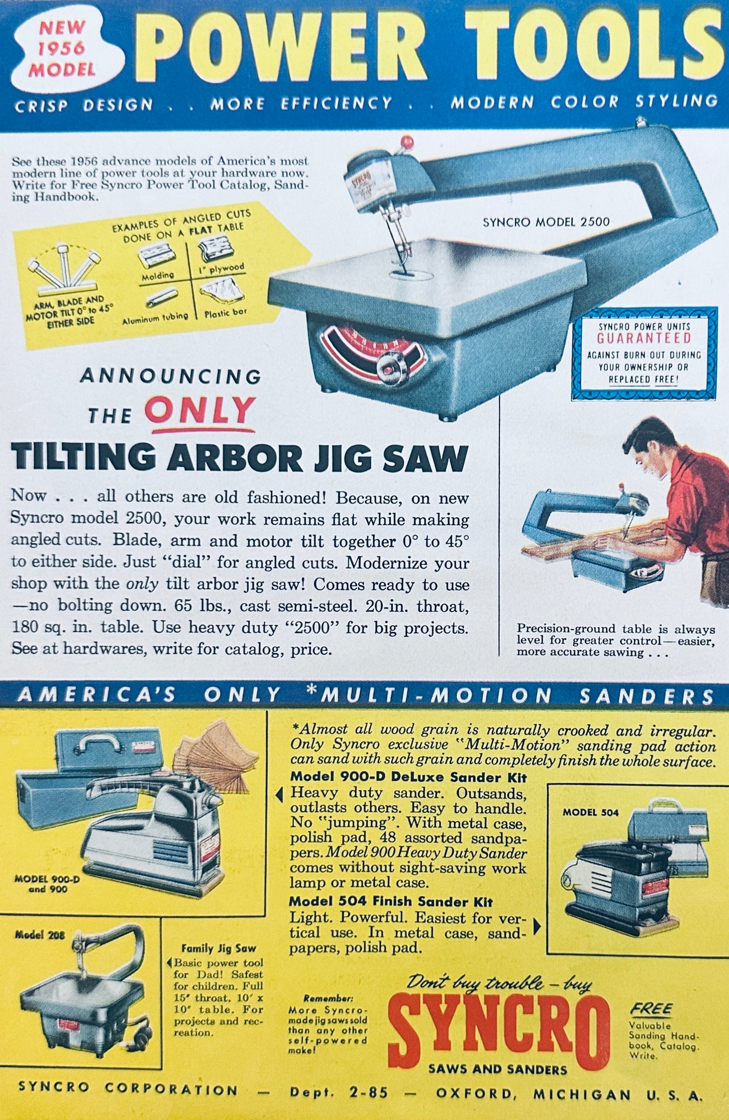 1955 - Evinrude Lark 30hp for 1956 & Synchro Tilting Arbor Jig Saw Magazine Ads N352