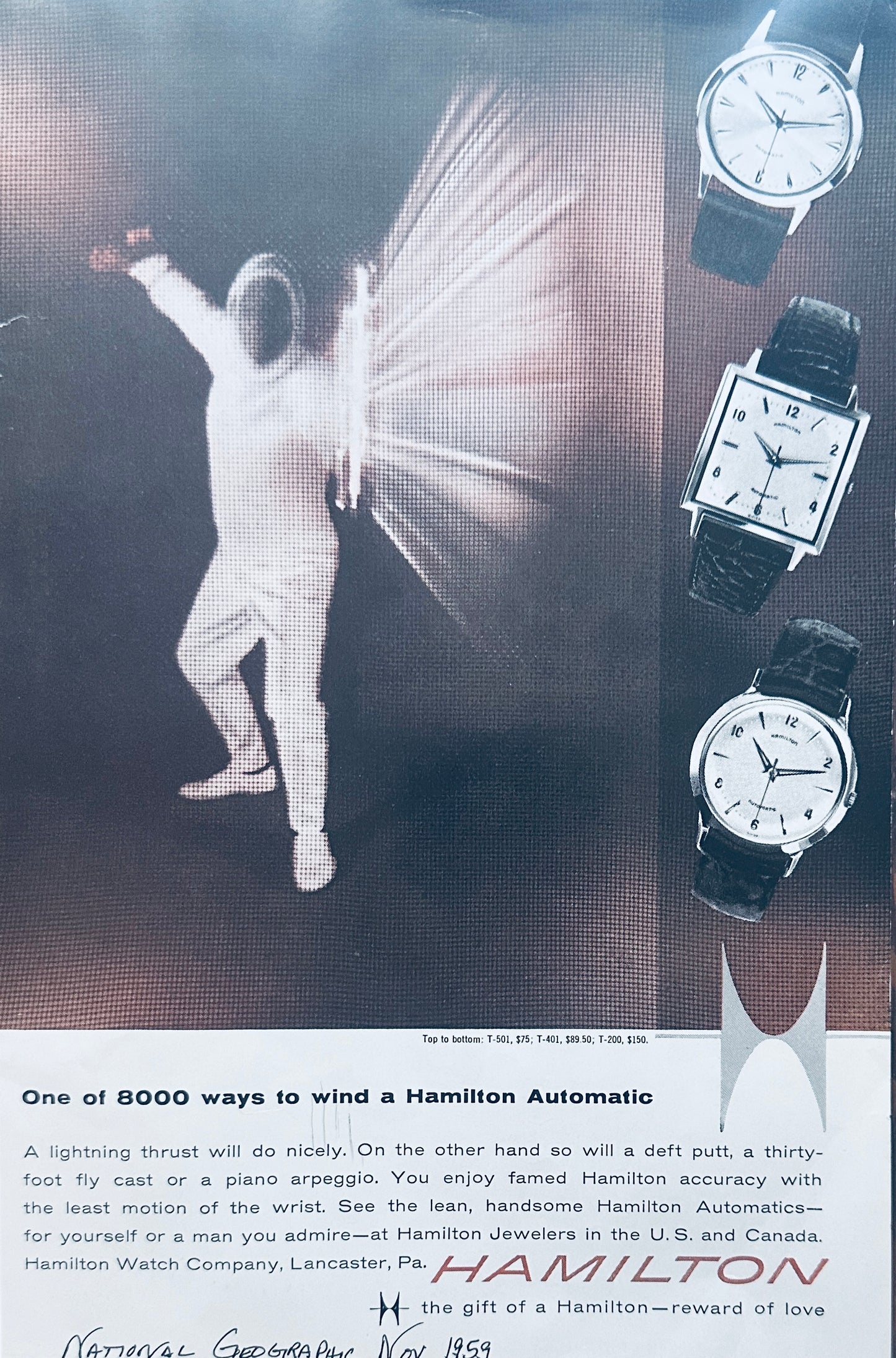 1959 75hp Starflite Evinrude Outboard & Hamilton Wristwatch Magazine Ad N354