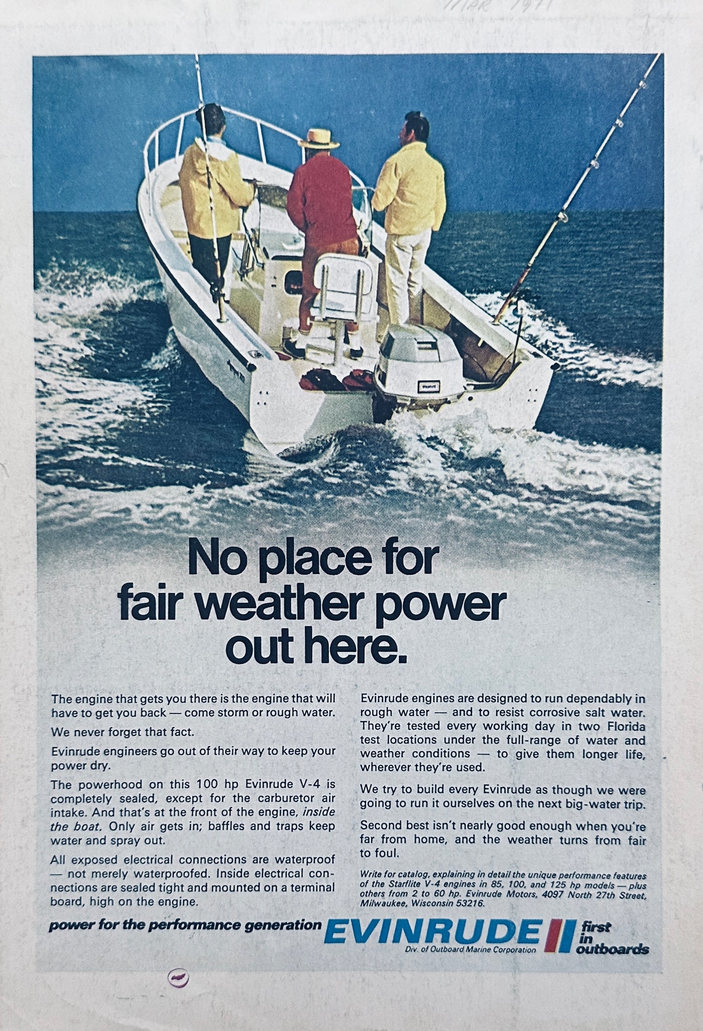 1971 - Evinrude 100hp V-4 Outboard Motor Magazine Ad N357