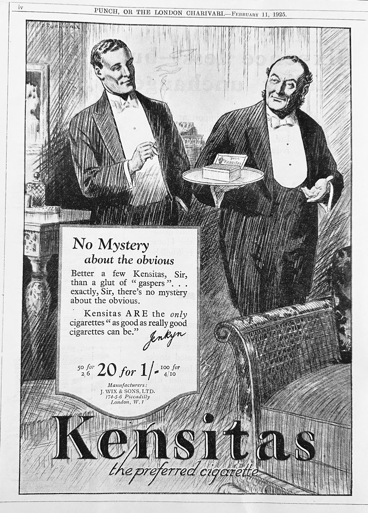 1925 Early British Kensitas Cigarette Ad #N1488