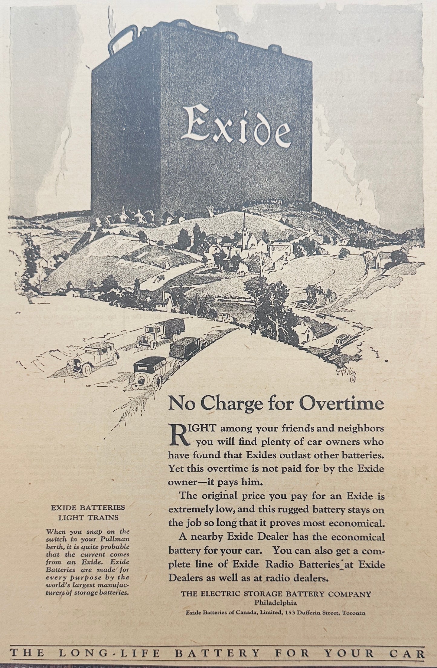 1925 Exide Car Battery No Charge for Overtime - Magazine Ad