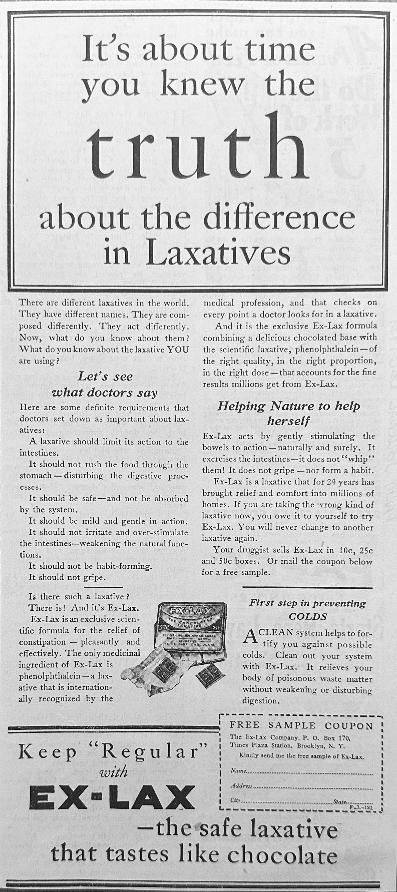 1931 Ex-Lax Laxative Magazine Ad … Tastes like Chocolate