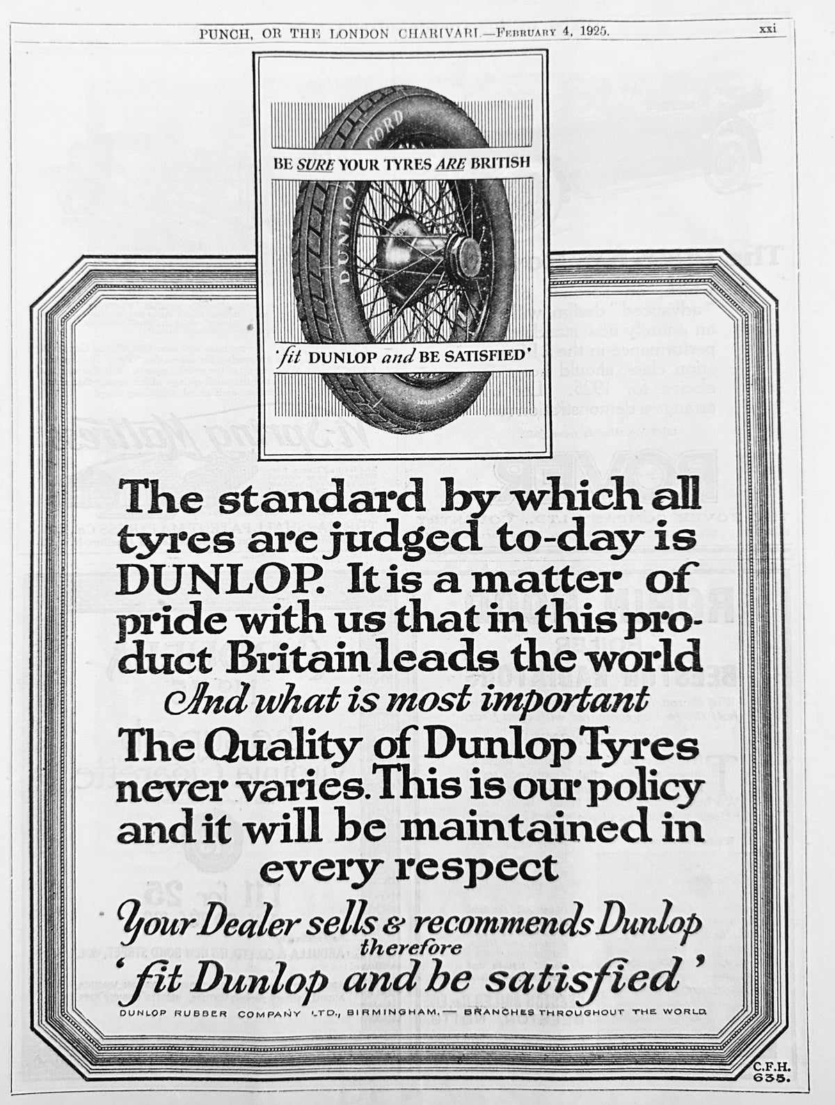 1925 British Dunlop Tyres - Outside Laced Wire Wheel Ad #N1490