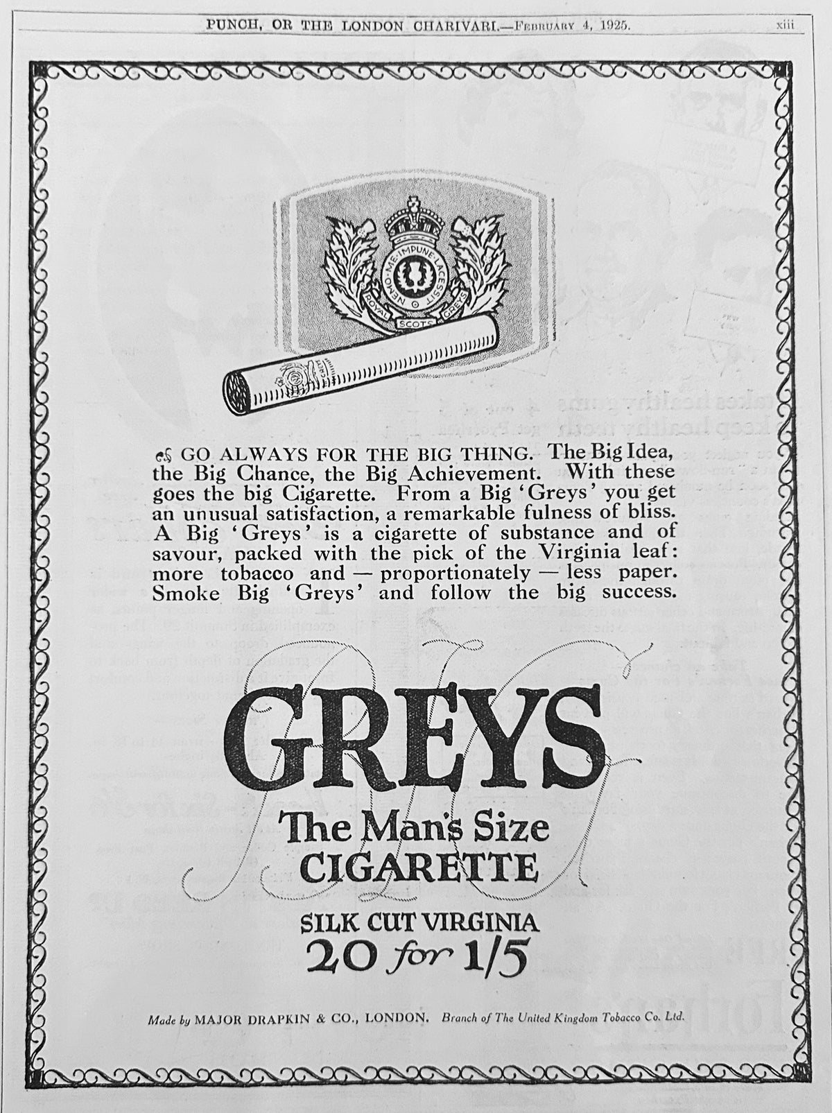 1925 Early Cigarette Brand Sold in Britain - Grey's Cigarettes Ad #N1492