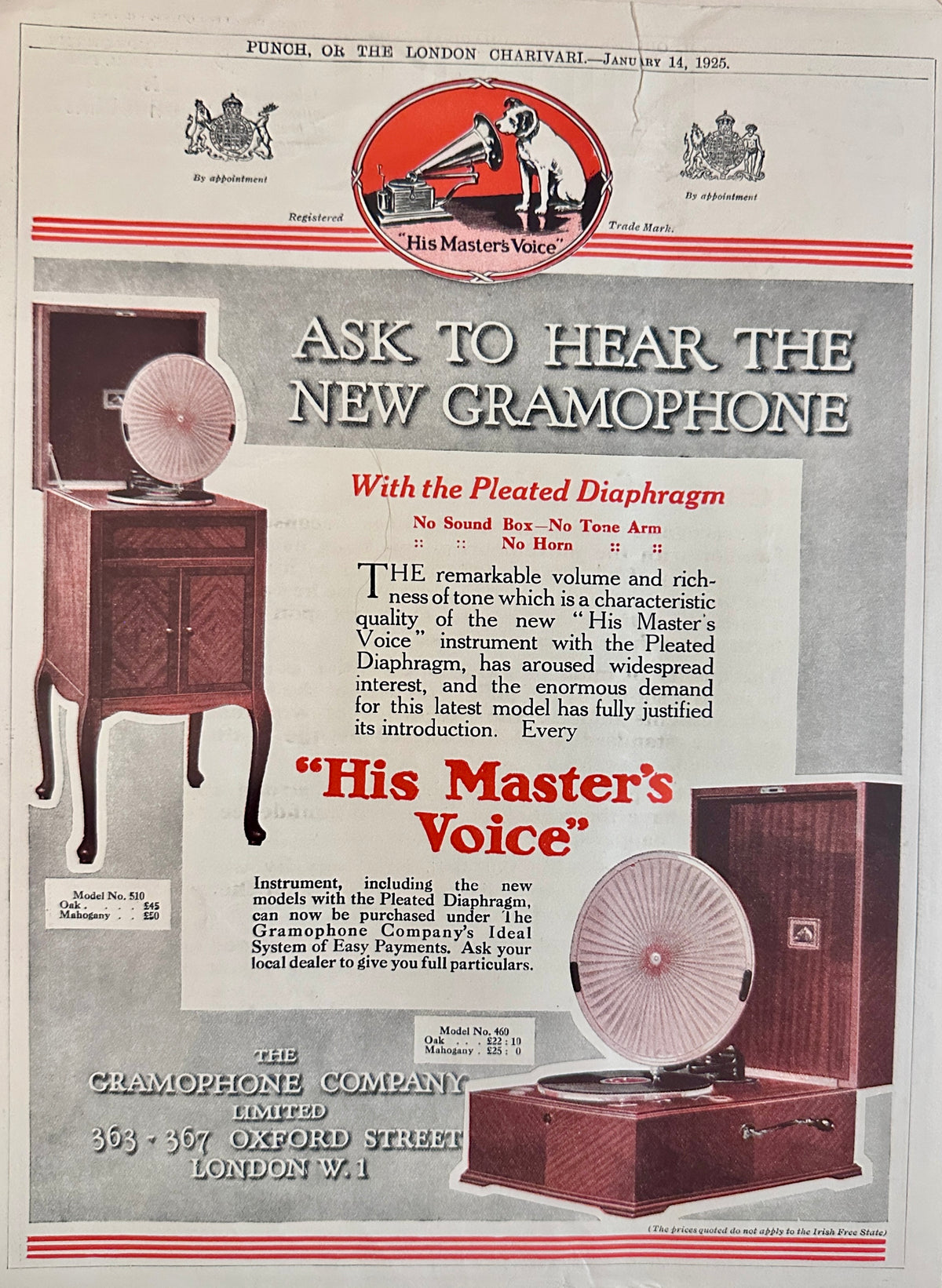 1925 British Ad - The Gramophone Co LTD - Model No. 460 & 510 Ad #N1504