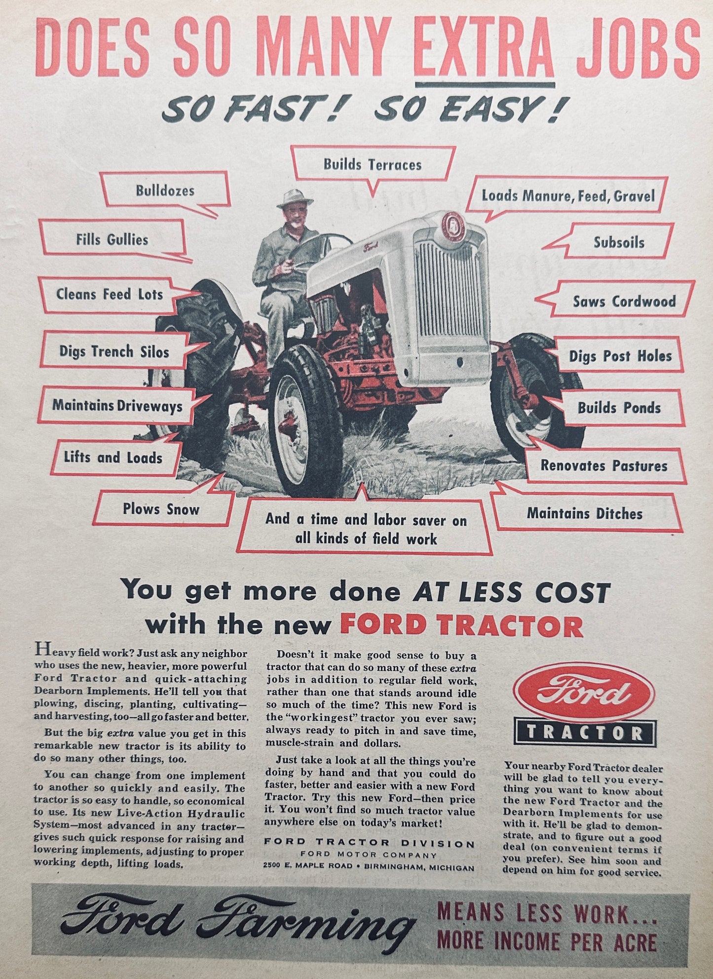 1953 Classic Ford Tractor in Red and Gray Vintage Magazine Ad N1020