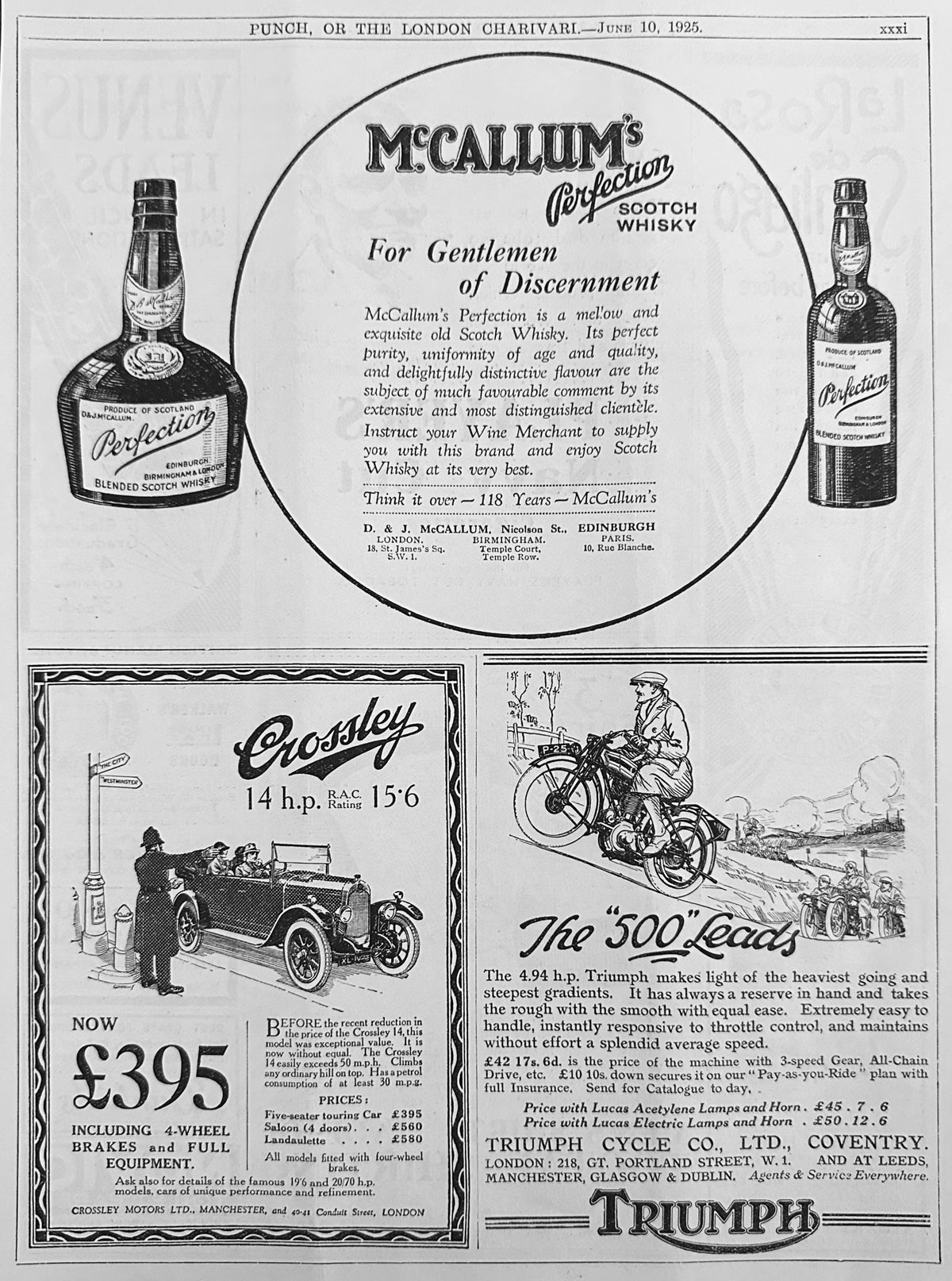 1925 3-UP British Magazine Ad Page Triumph , Crossley & McCallum's Ad #N1544