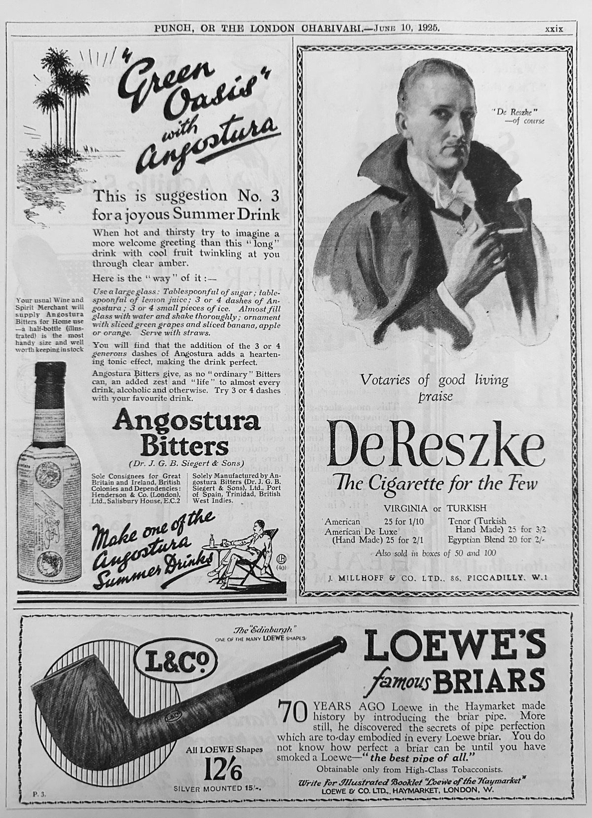 1925 British 3-Up Ad Page - Angostura Bitters, DeReszke Cigarette Ad #N1543
