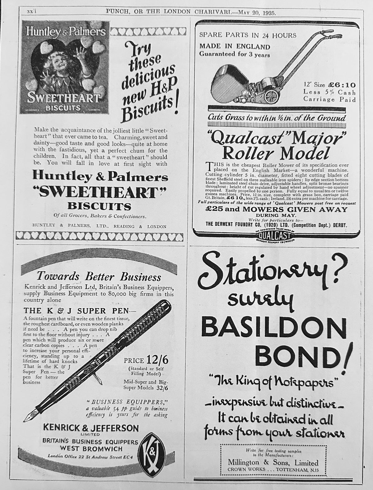 1925 British 4-UP Period Ad Biscuits, Lawn Mower, Fountain Pen Ad #N1535