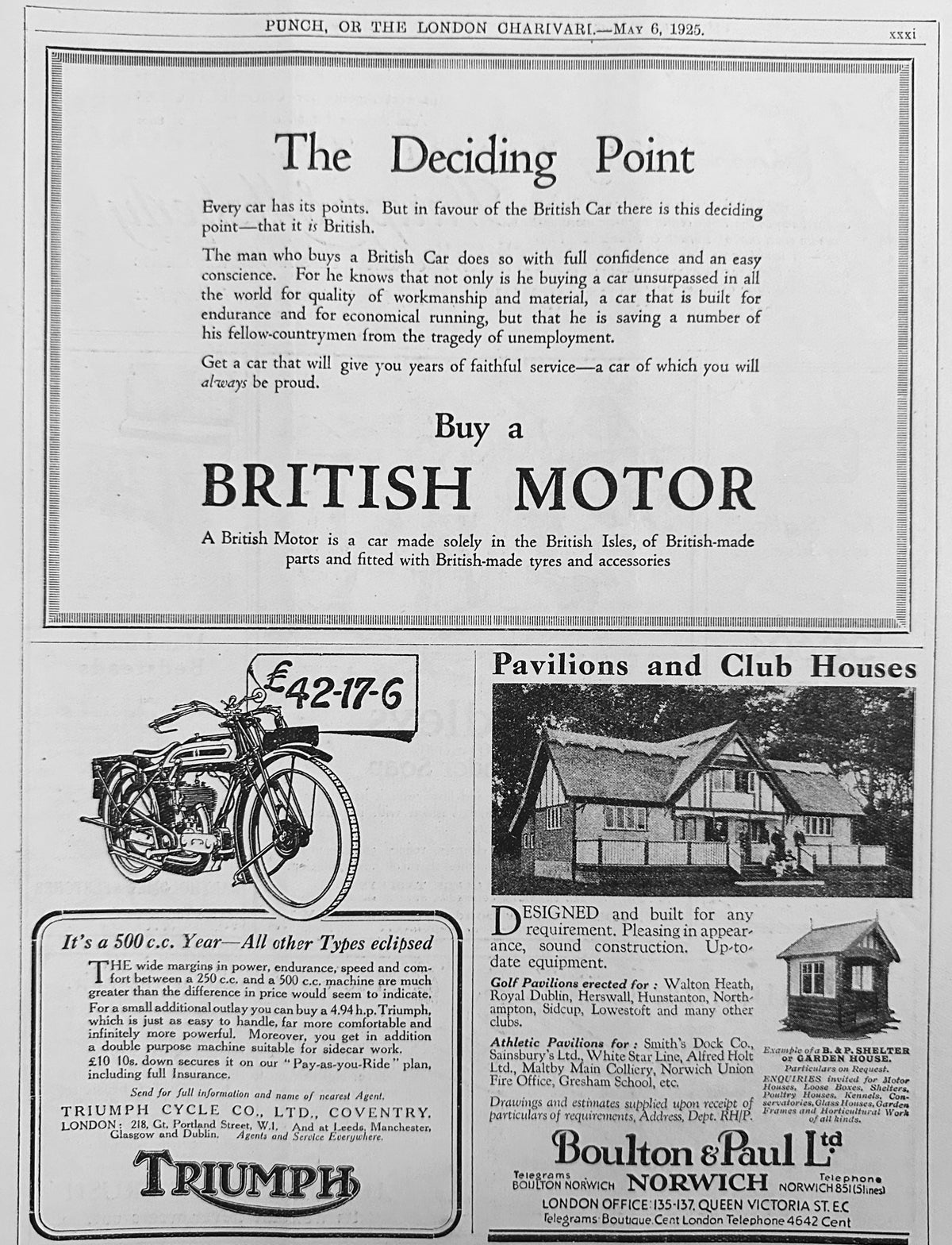1925 3-UP British Magazine Ad Page Triumph Motorcycle Ad# N1528