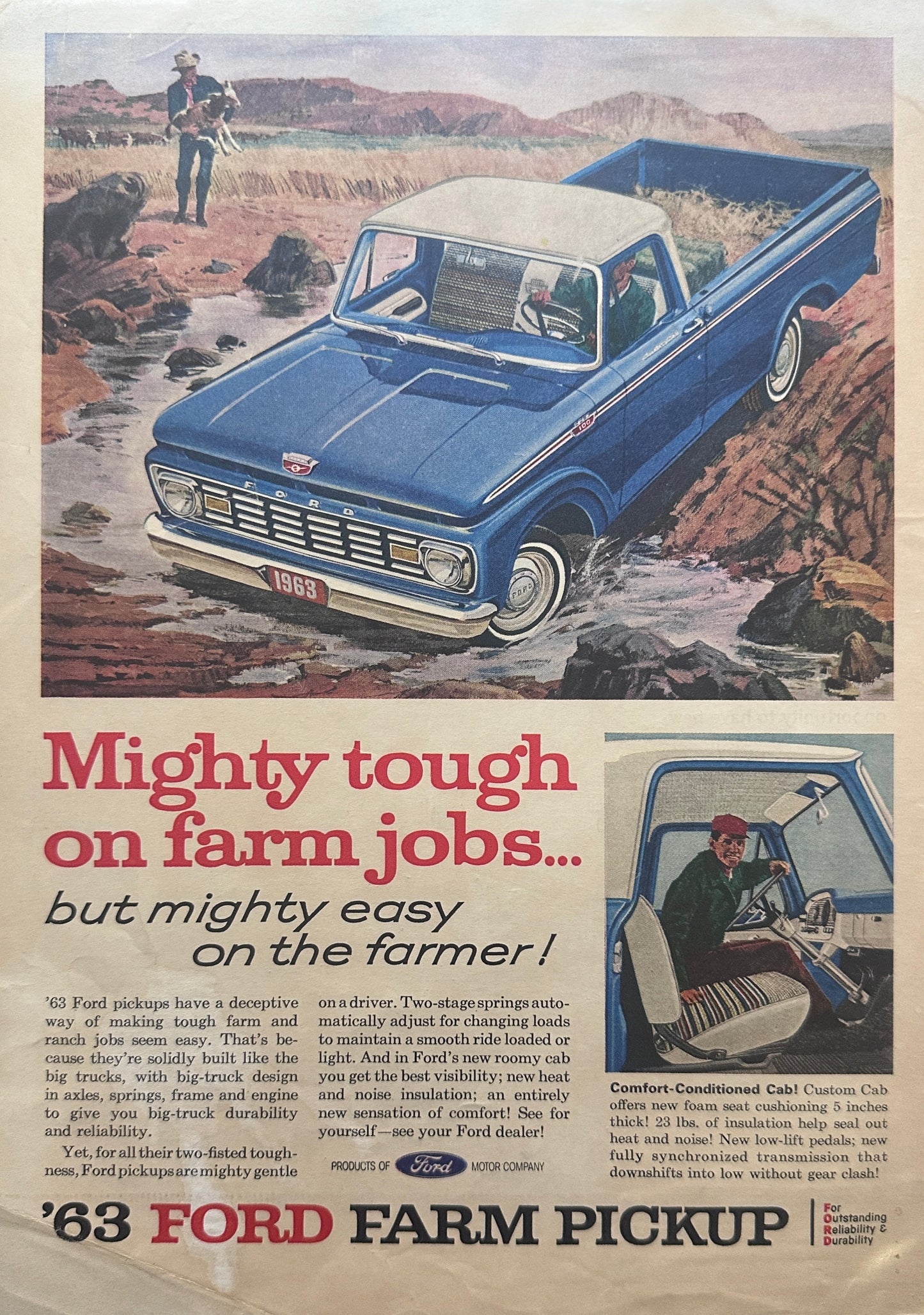 1963 Ford Blue F-100 Pickup Truck Out On The Range With Calf - Ad #A131