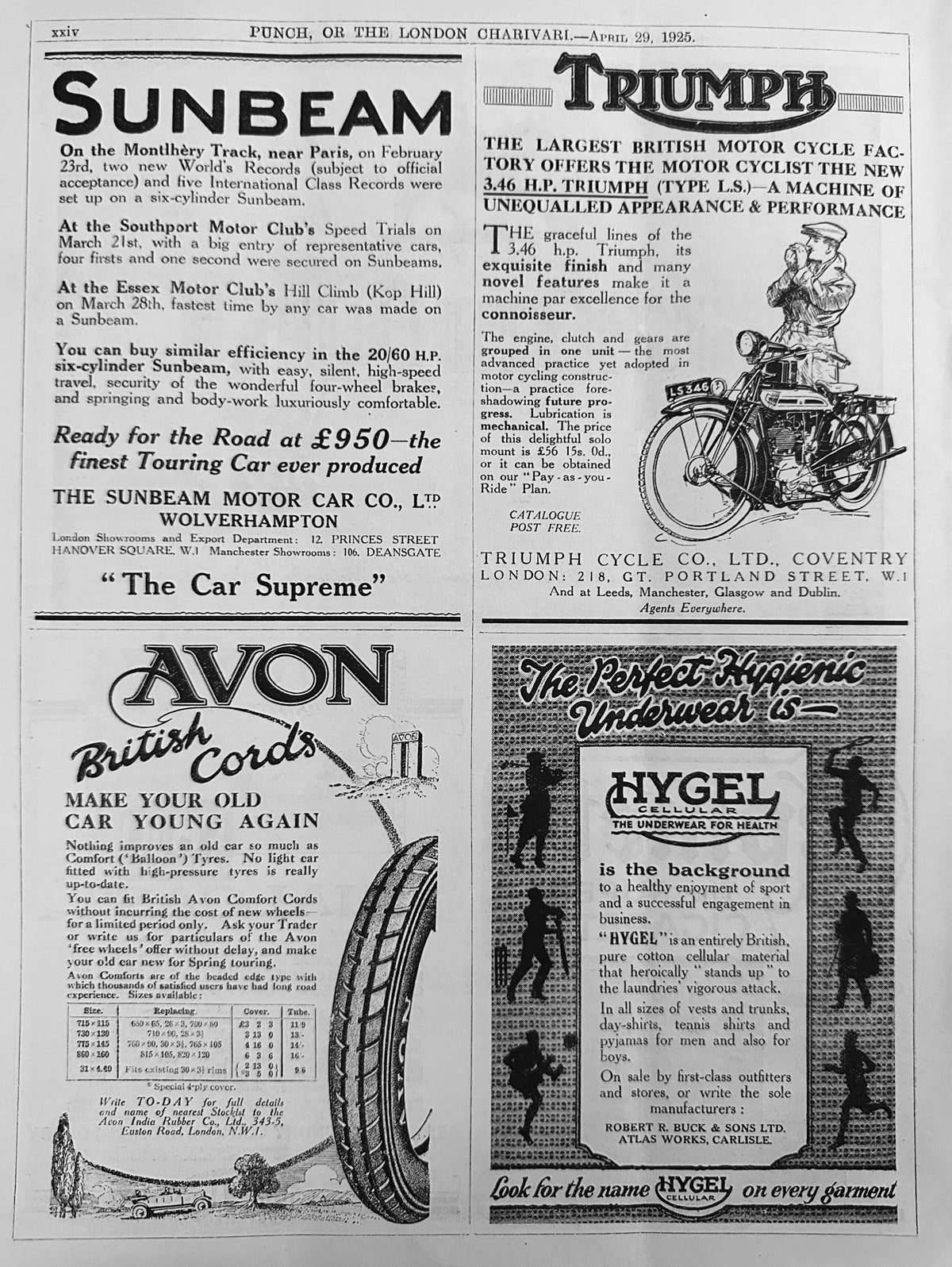 1925 British 4-UP Period Ad Triumph, Sunbeam., Avon and Hygel Ad #N1523