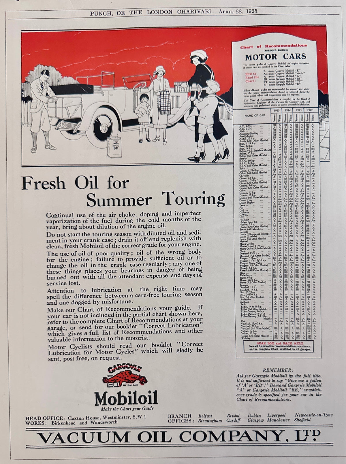 1925 Mobiloil - Gargoyle Logo - Fresh Oil for Summer Touring British Ad #N1518