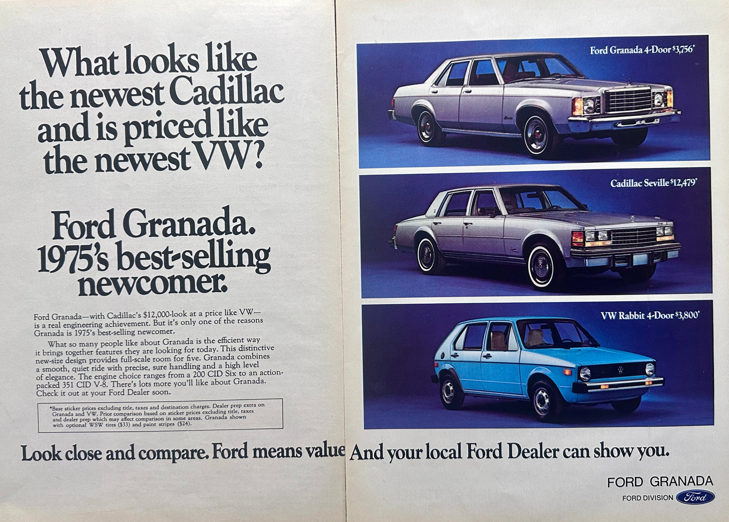 1975 2-Page Silver Ford Granada vs Cadillac Vs VW Magazine Ad
