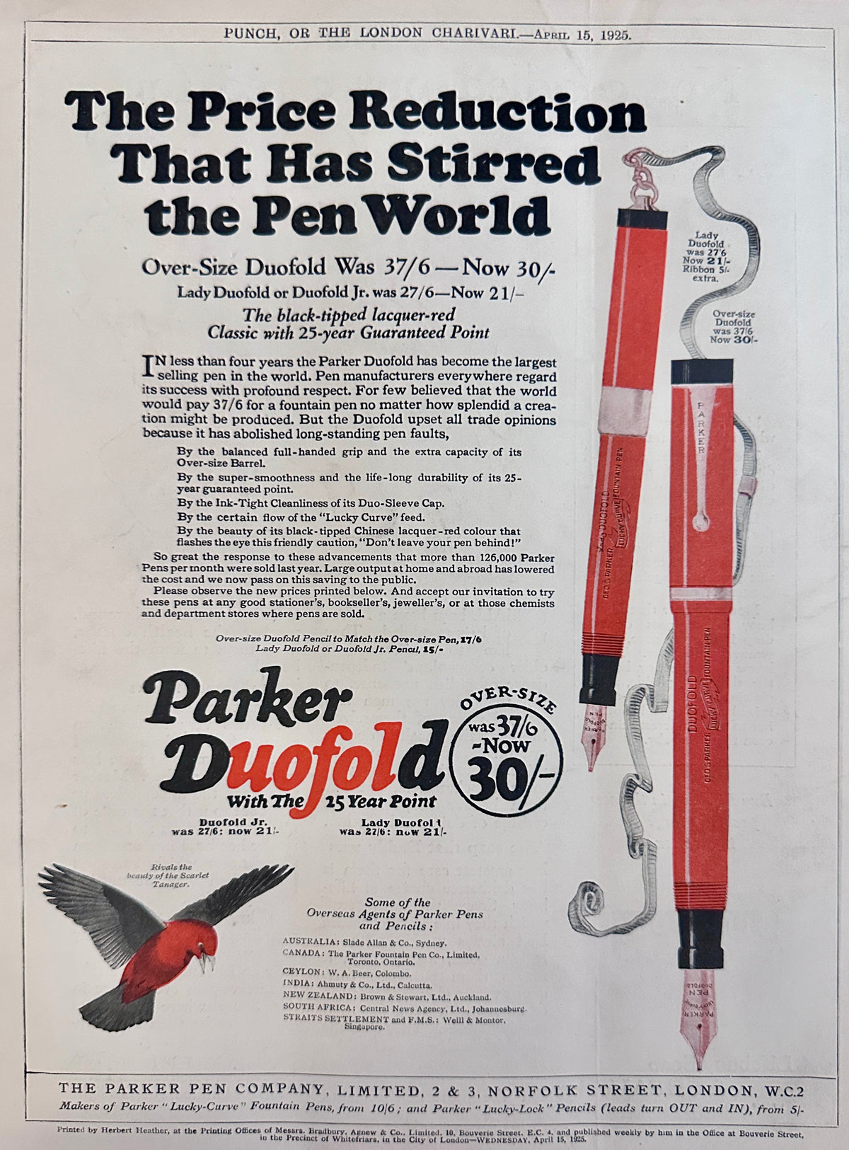1925 Parker Pen Duofold Price Reduction British Ad #N1517