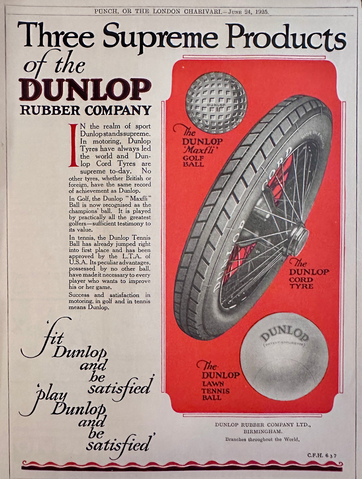 1925 Dunlop Rubber Company, Tyres, Golf Balls & Tennis Balls British Ad #N1589