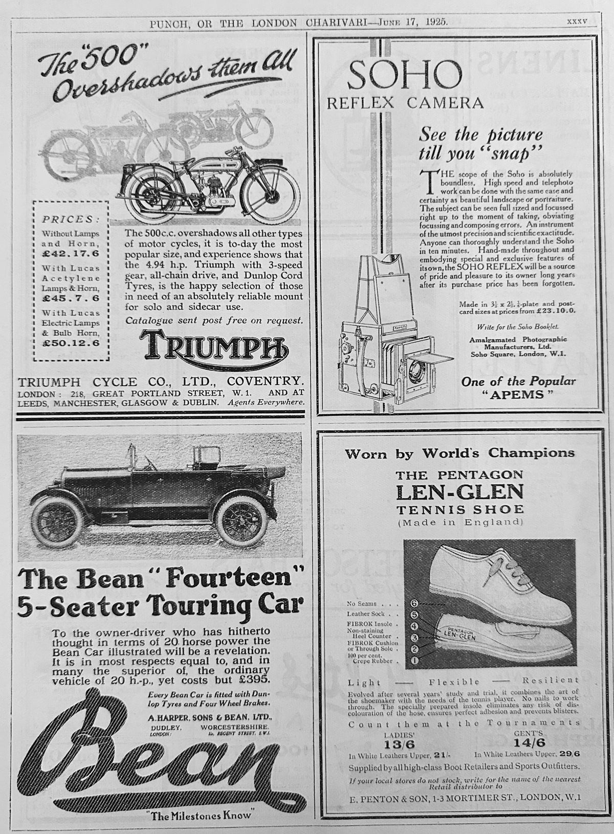 1925 4-up British Ad Page - Triumph 500, Bean "14" Auto & Soho Camera Ad #N1587
