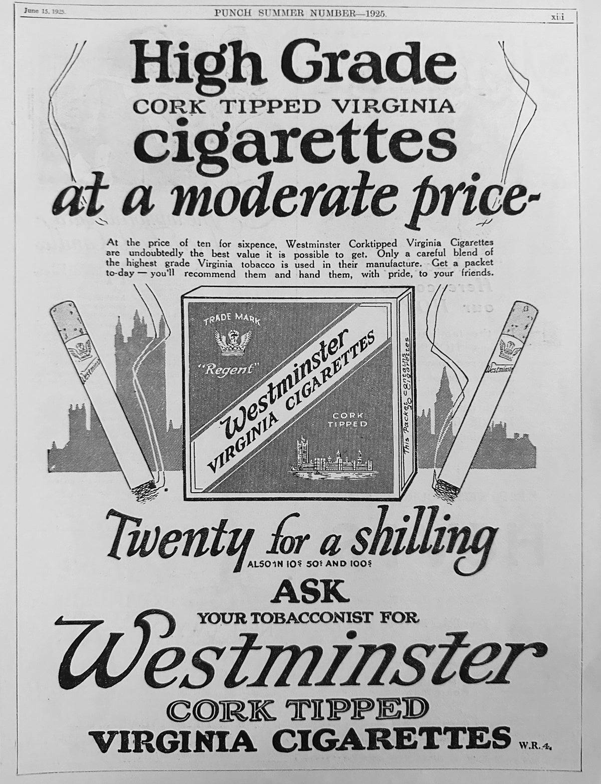 1925 Westminster Cork Tipped Cigarettes British Tobacco Ad #N1579