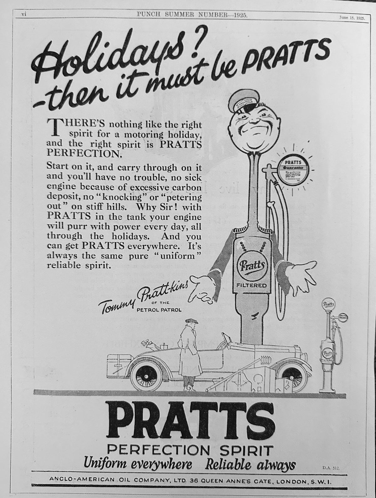 1925 Pratt's Petrol Spirit Perfection Spirit - Uniform Everywhere Reliable Always #N1577