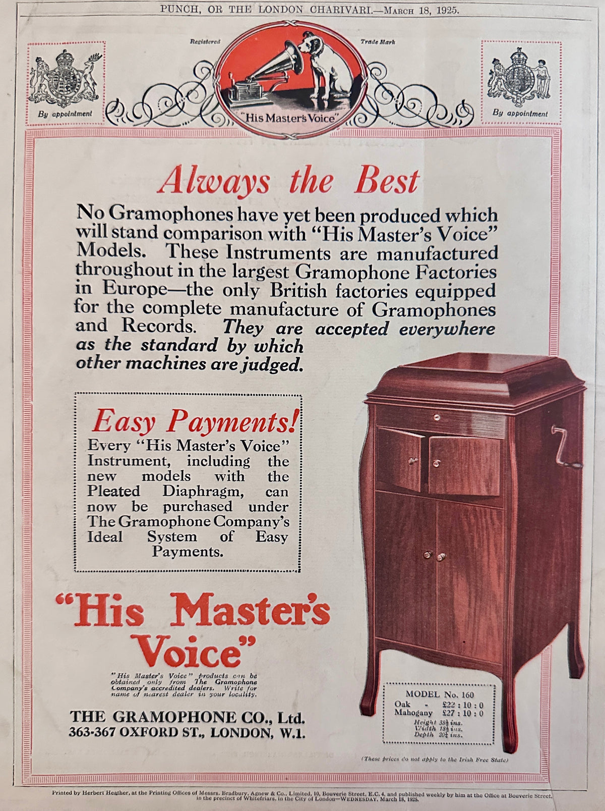 1925 His Master's Voice Gramophone Records - Always The Best British AD #N1565