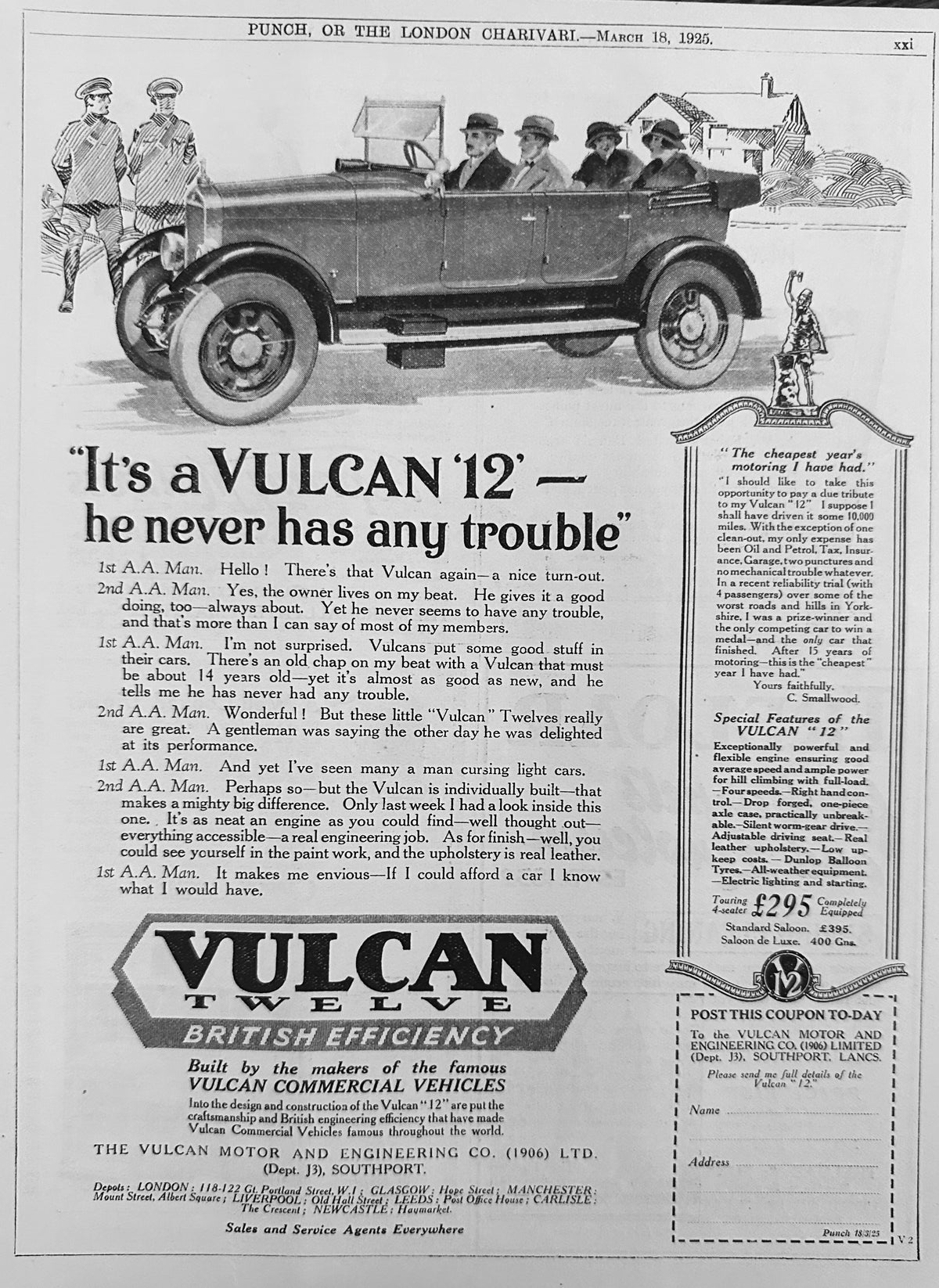 1925 Vulcan 12 British Motorcar - He never has any Trouble Ad #N1564