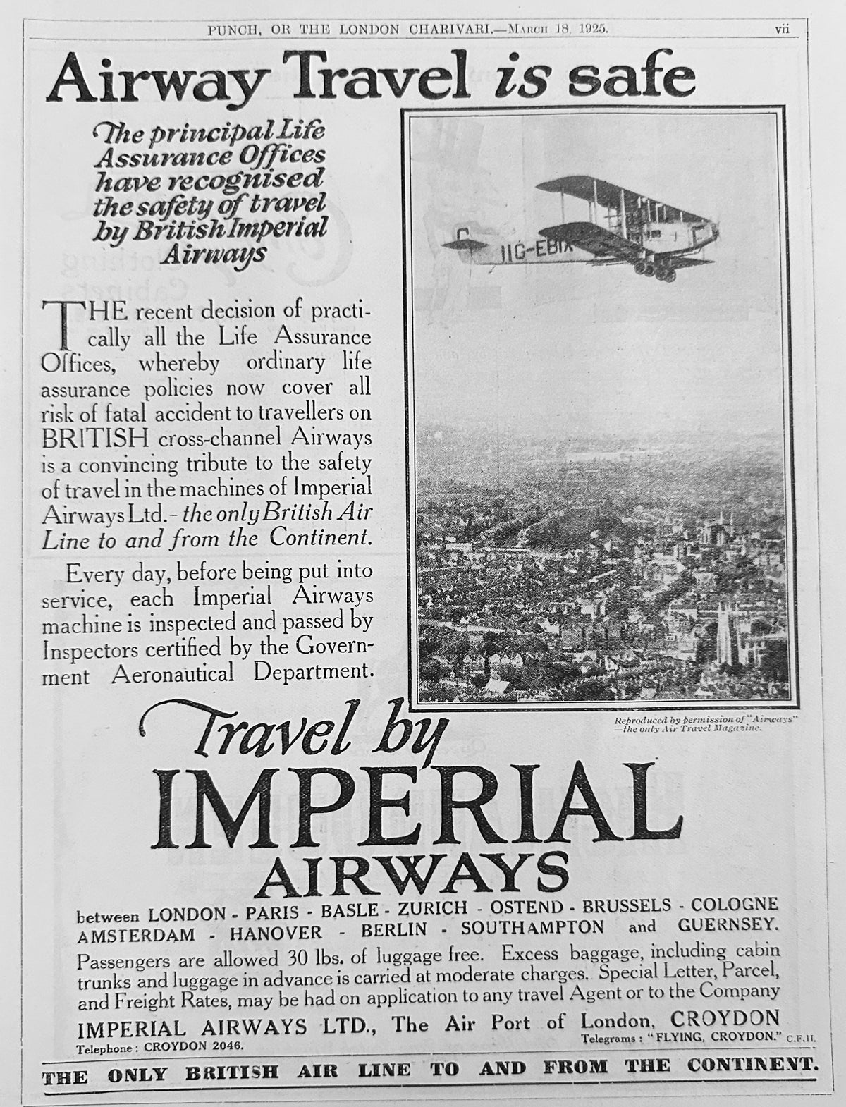 1925 Travel by Imperial Airways - Airway Travel is Safe British Ad #N1562