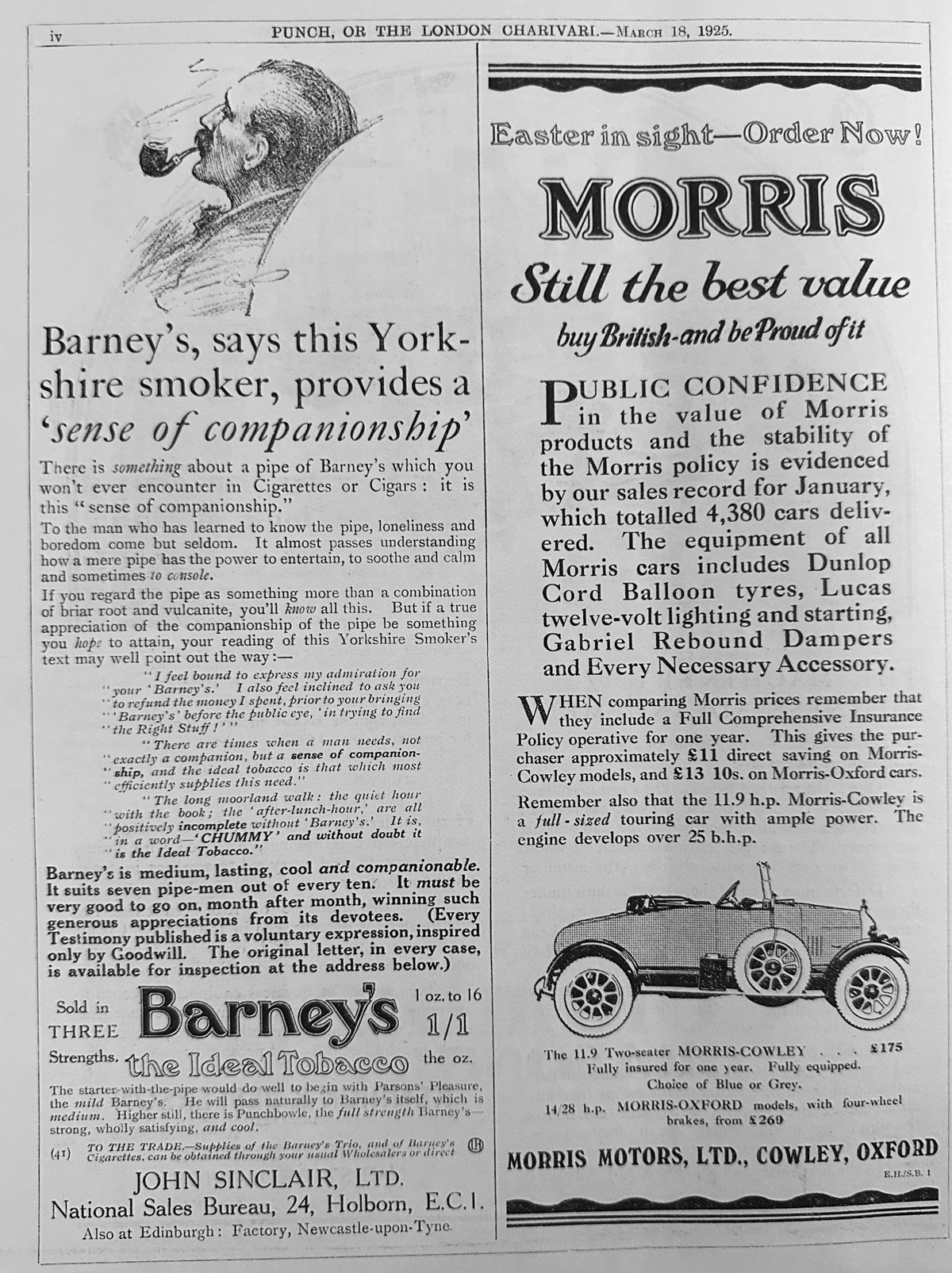 1925 2-Up British Ad - Barney's Ideal Tobacco & Morris Motors Cowley-Oxford Ad #N1560